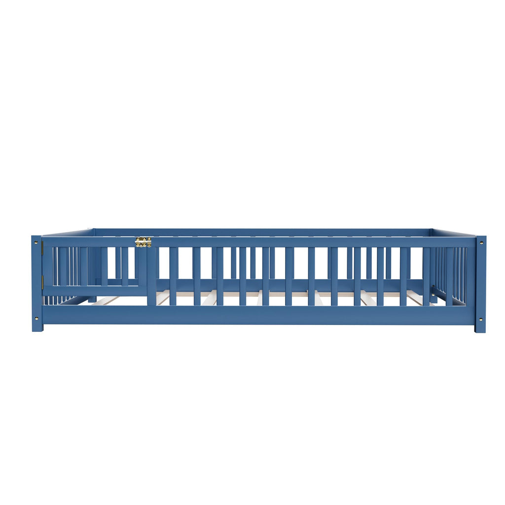 i-POOK Queen Floor Bed for Children, Sturdy Wood Montessori Bed Frame with Wood Slats, High Fence & Small Door for Girls and Boys, Espresso (with Bed Slats)
