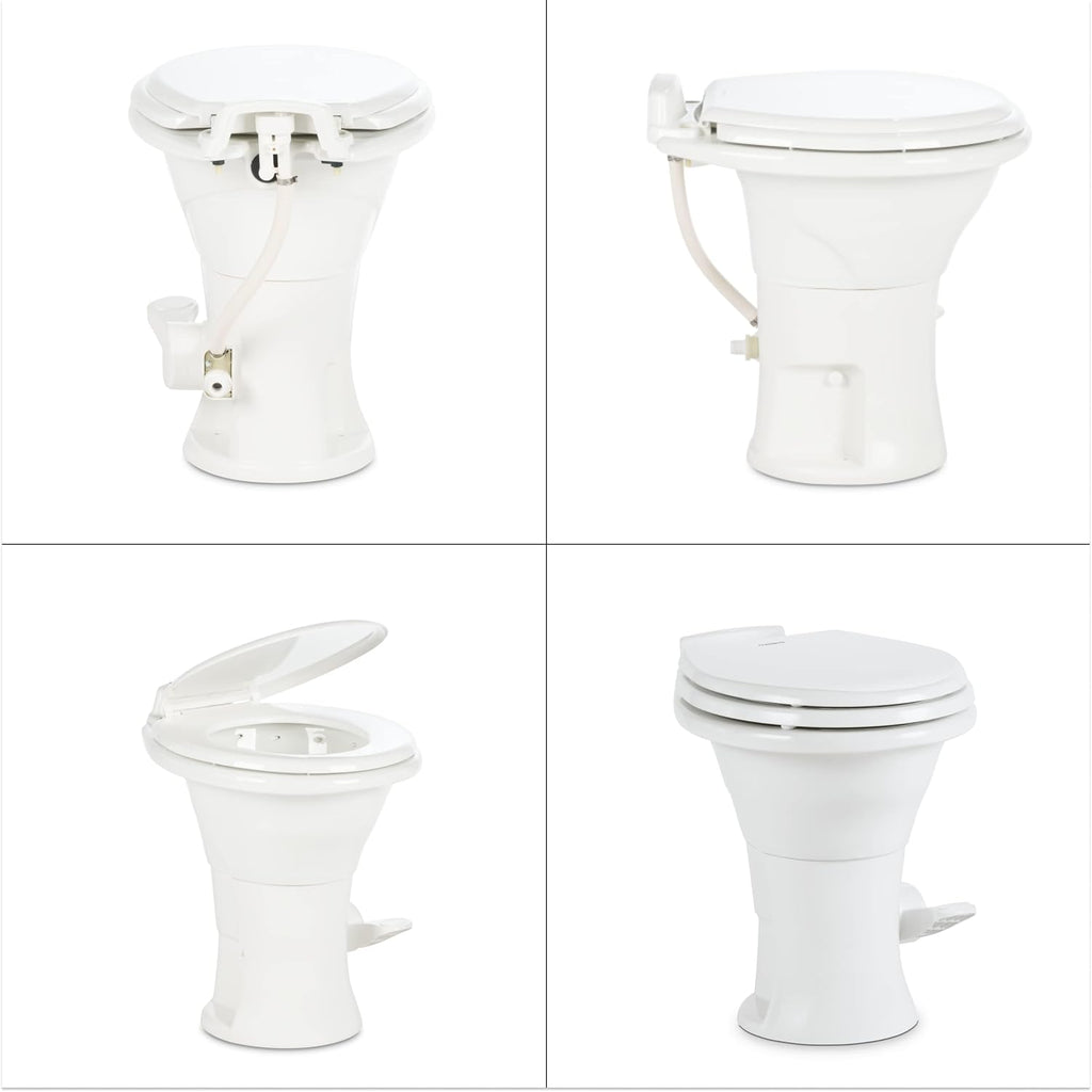 Dometic 310 Standard Toilet, White, Round Shape, Ceramic, Plastic, Wood, Lightweight with Pressure-Enhanced PowerFlush & Slow Close Seat Cover – Perfect for Modern RVs (302310081)