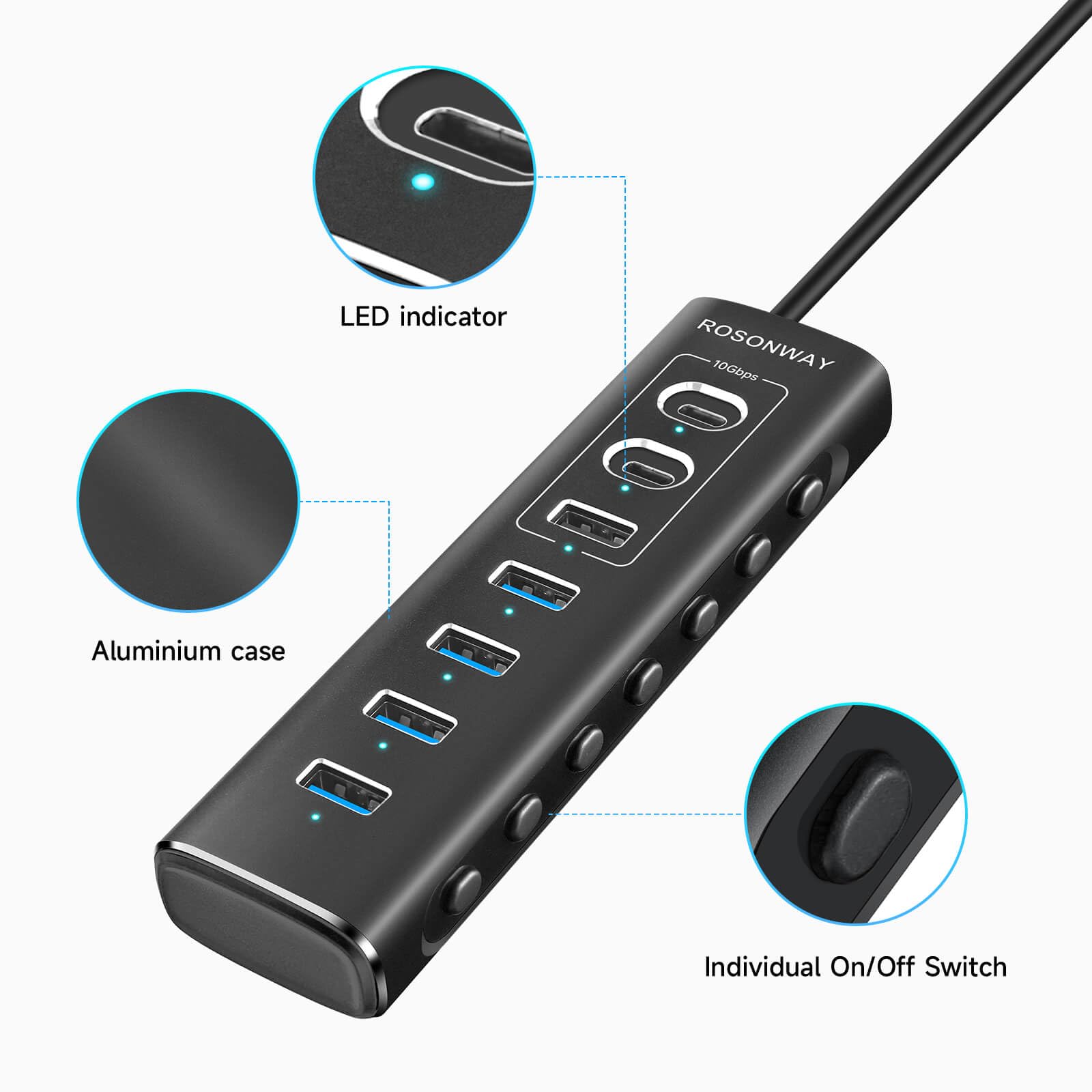 USB Hub 3.0 Powered Rosonway Aluminum 7 Ports USB 3.0 Data Hub Splitter with 24W (12V/2A) Power Adapter and Individual On/Off Switches USB Port Expander for PC and Laptop (RSH-A37S)