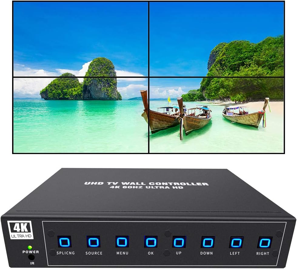ISEEVY 4K60 UHD Video Wall Controller 2x2 1x2 2x1 1x3 3x1 1x4 4x1 TV Wall Controller for 4 TV Splicing Display Support 3840x2160@60Hz Inputs and Rotate 90 Degree for Portrait Mode Screens