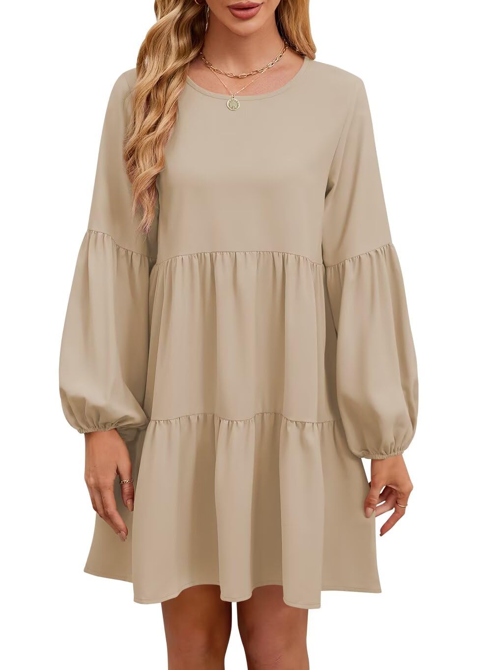 QACOHU Falll Dresses for Women 2026 Crew Neck Long Lantern Sleeve Casual Loose Flowy Swing Shift Dress