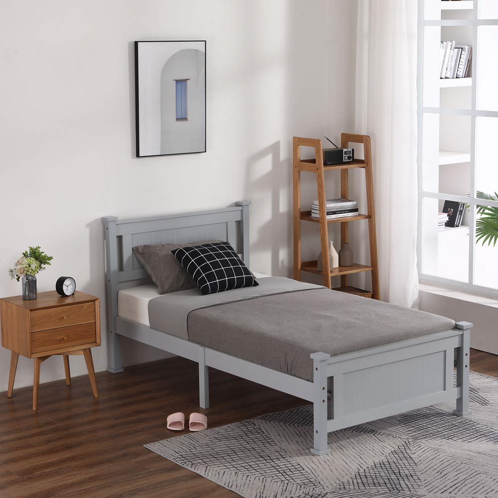 Bonnlo Twin Size Solid Wood Platform Bed Frame, Single Bed with Headboard, No Box Spring Needed Panel Bed, Wood Slat Support Mattress Foundation, White