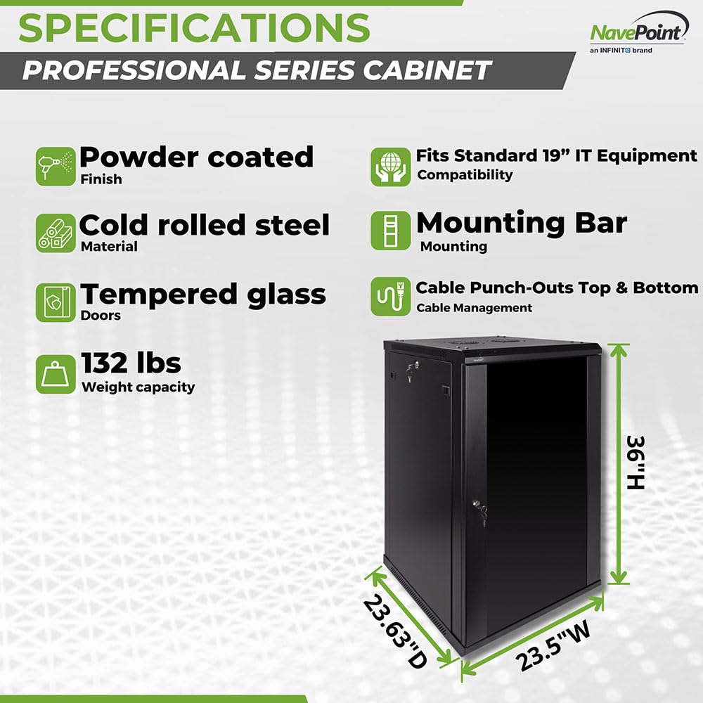 NavePoint 12U Server Rack Enclosure - 23.6” Deep, Wall Mount Network Cabinet with Locking Glass Door for 19” IT Equipment, Network Rack with 2 Fans, Removable Side Panels, Black