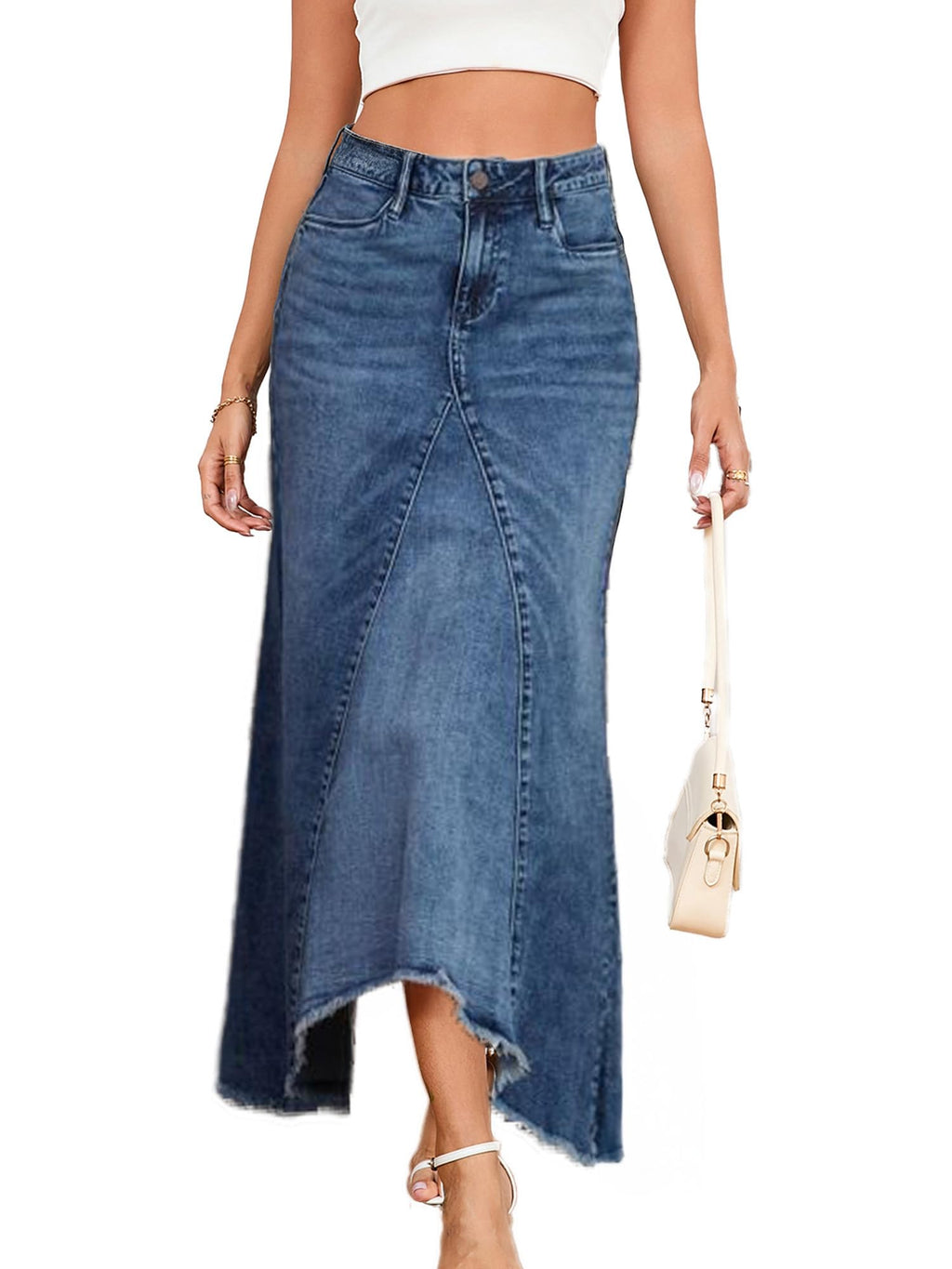 Jean Skirt for Women Denim Skirt High Waist Stretch Midi Denim Skirts with Pockets