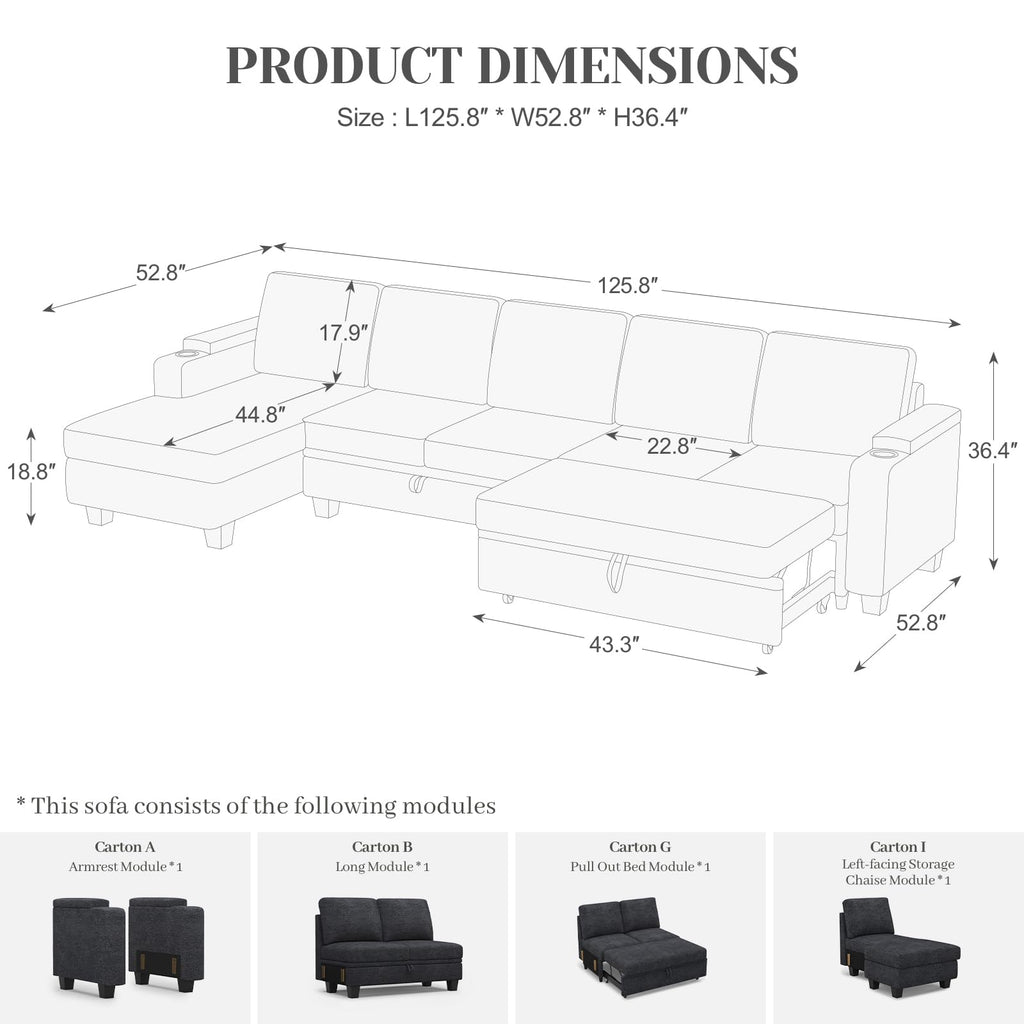 Belffin Modular Sectional Sleeper Sofa Bed with Storage Chaise L Shaped Sectional Couches for Living Room Armrest with Cup Holder. White Couch