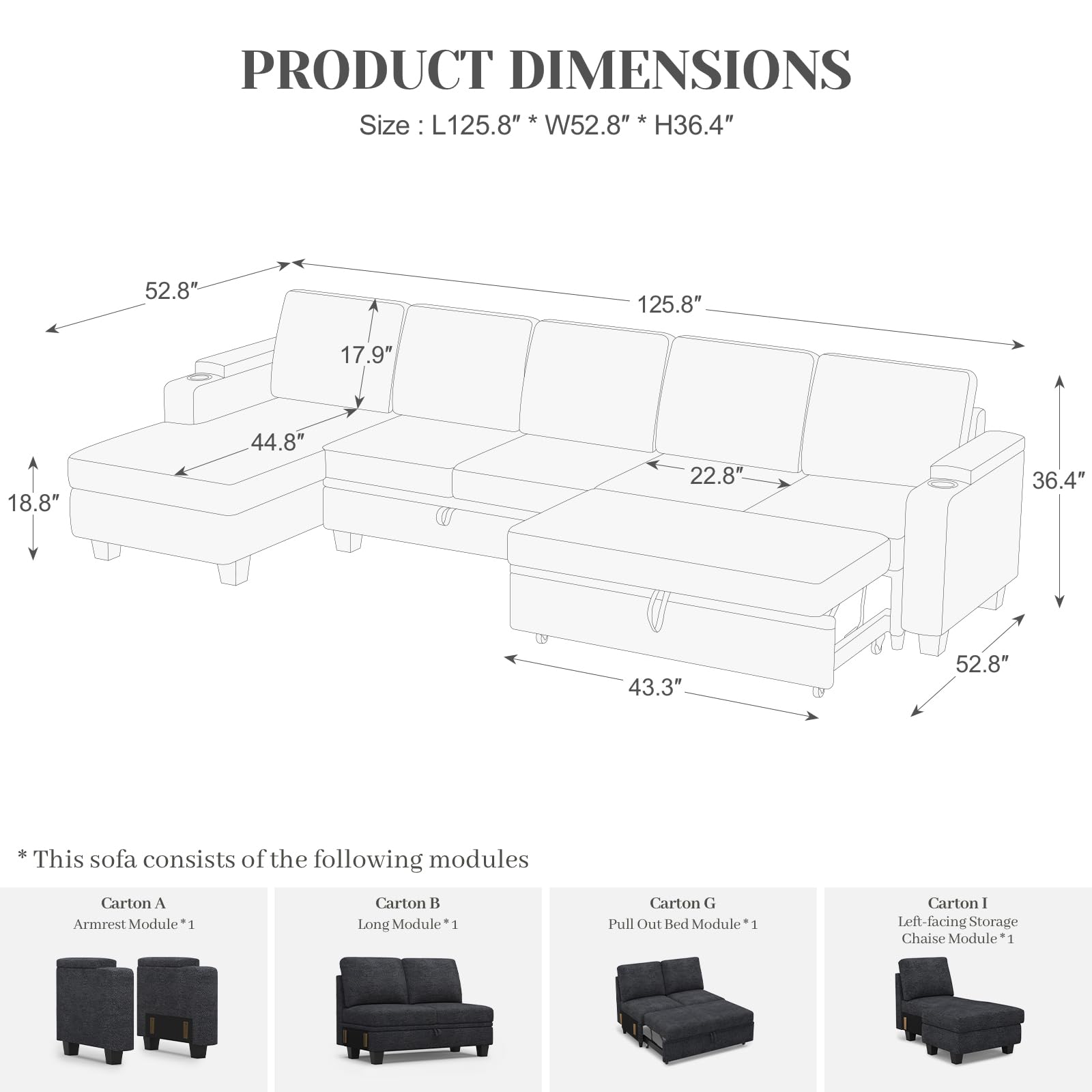 Belffin Modular Sectional Sleeper Sofa Bed with Storage Chaise L Shaped Sectional Couches for Living Room Armrest with Cup Holder. White Couch
