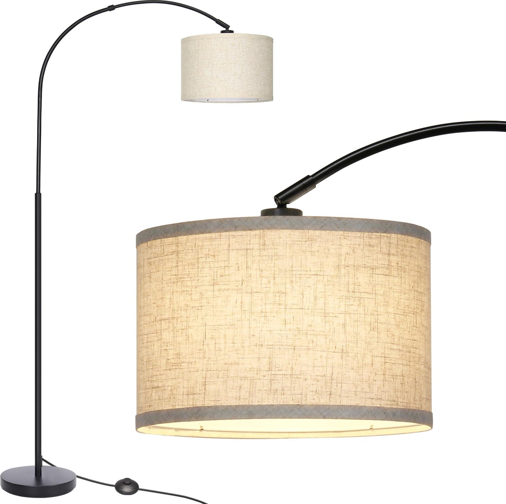 Rattan Floor Lamp, Arc Floor Lamps for Living Room, Farmhouse Standing Lamp with Adjustable Hanging Fabric Shade, Tall Pole Lamp with Foot Switch, Over Couch Arched Reading Light for Bedroom, Office