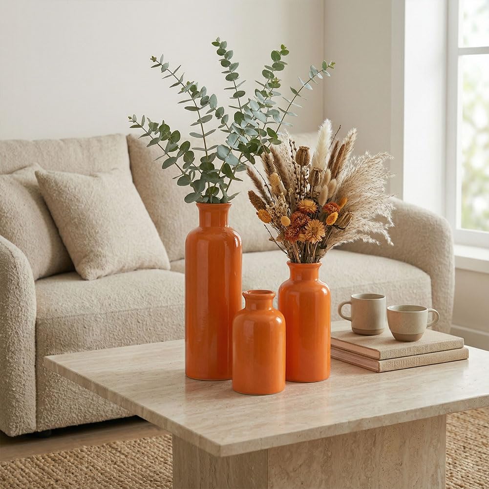 Ceramic Vase Set - 3 Ceramic Small Vases, Farmhouse Country Flower Vase Home Decor, Living Room Decoration, Table Decoration, Fireplace Decor, and Entrance Decorations Centerpieces