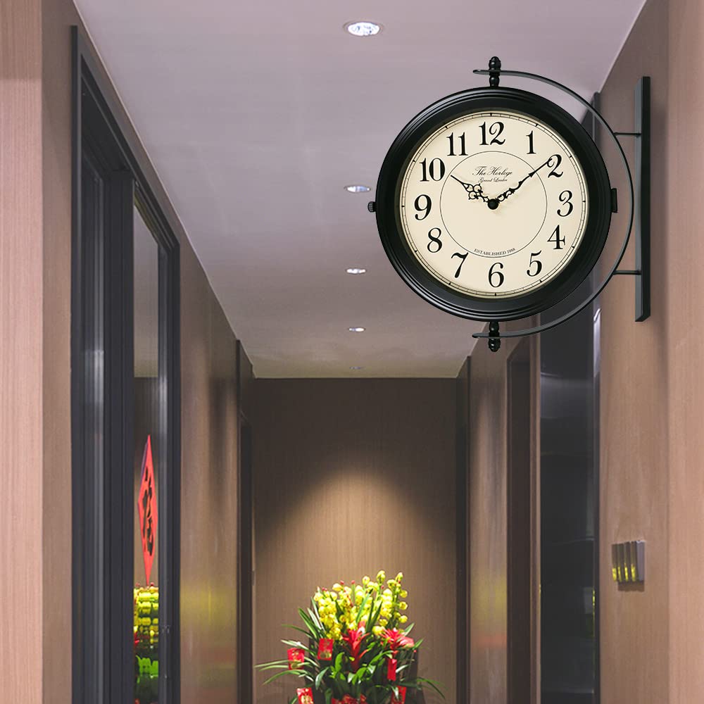 BESTIME 66264A 16-Inch Double Sided Metal Wall Clock with Antique Red Copper.Sturdy Frame,Easy Read,Garden,Home Décor,Indoor,Outdoor,Farmhouse,Yard,Station,Office,Photography Props.