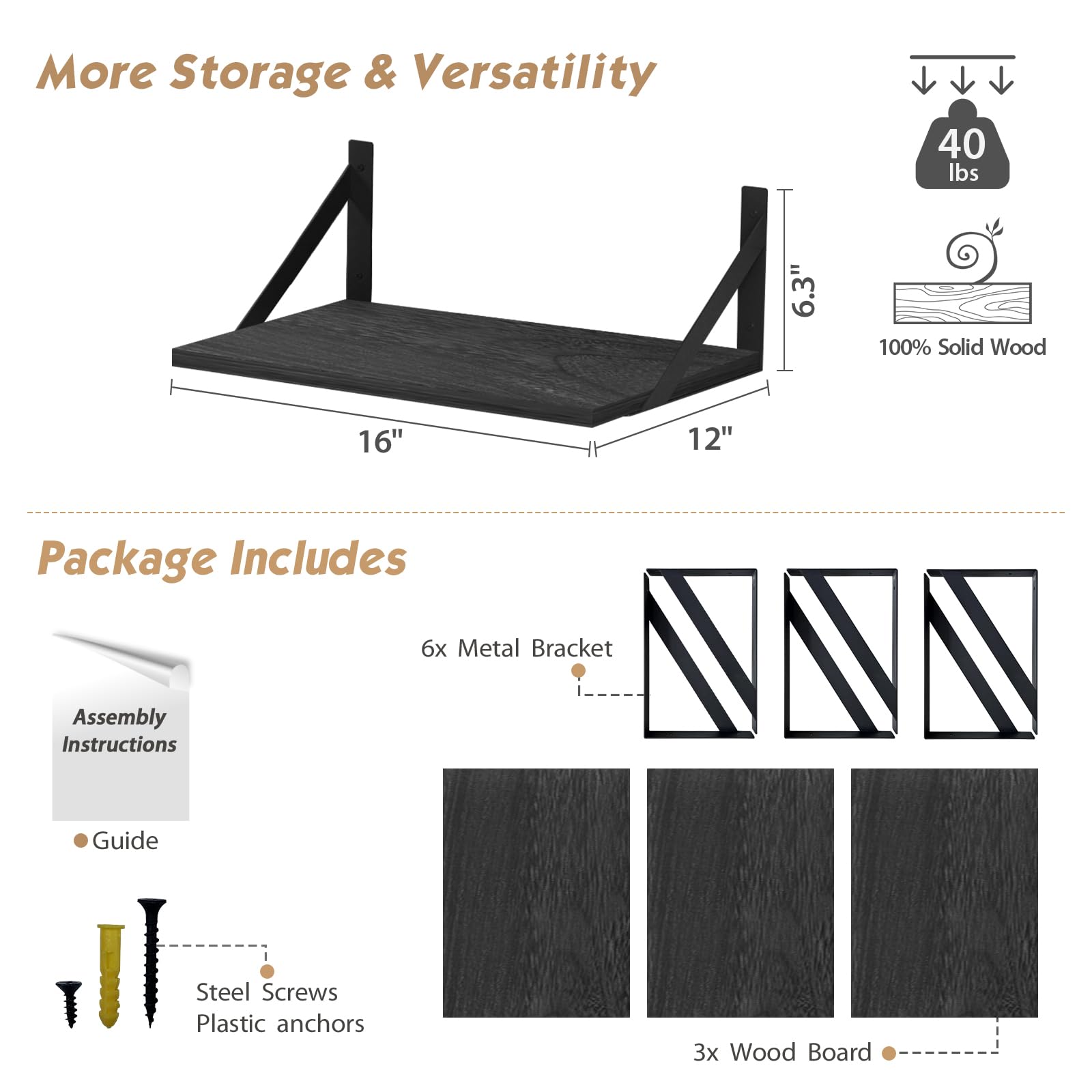 Forbena 12 Inch Deep Floating Shelves for Wall, Wide Black Wall Mounted Shelves for Bedroom Office Books Plants, Large Hanging Shelf for Living Room Bathroom Kitchen Closet Pantry Storage (3-Pack)