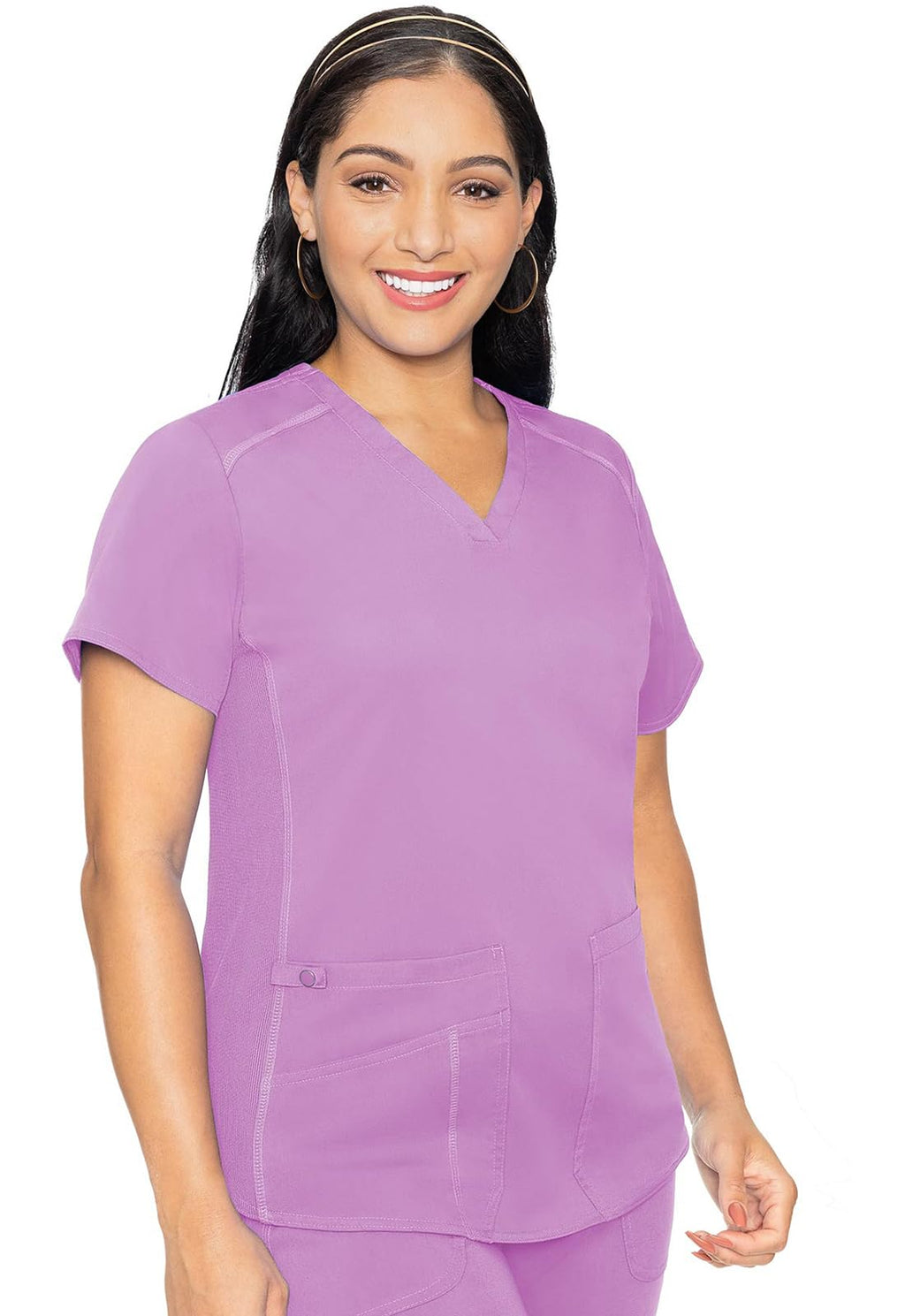 Med Couture V-Neck Scrub Top for Women with 4 Pockets, Rib-Knit Side Panel, and Shirttail Hem MC7459