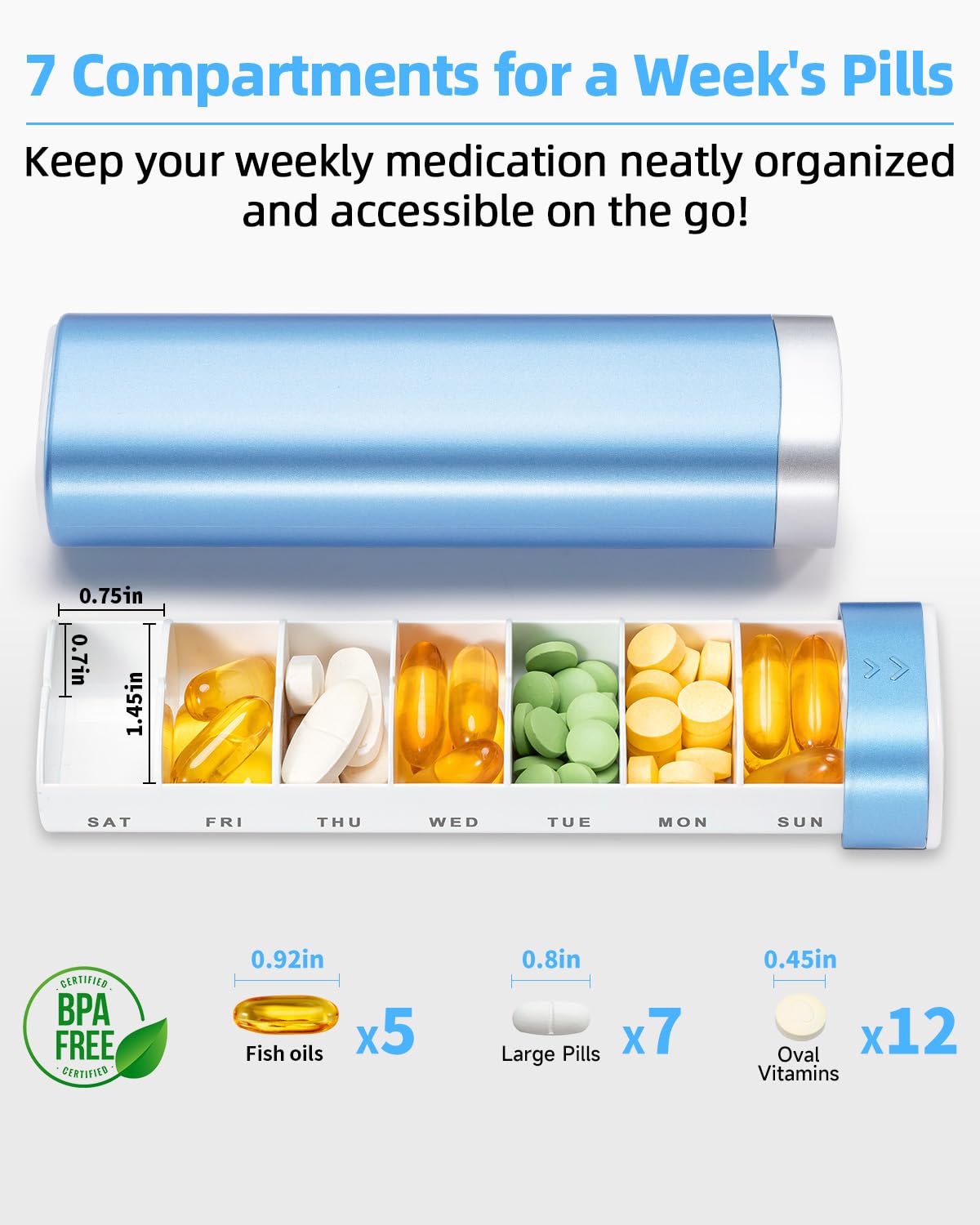 Betife Travel Pill Organizer Weekly 7 Day, Compact Daily Pill Box, Portable Medicine Case, Cute Pill Holder for Vitamins Supplements, Drawer-Shaped Pills Organizer (Black)
