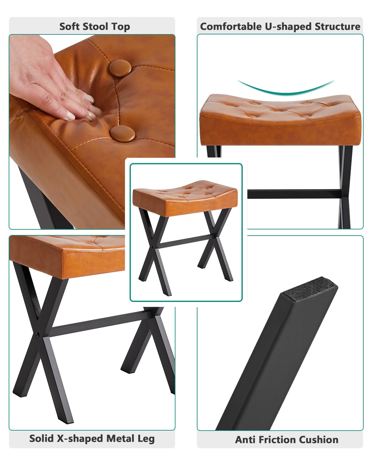 IBUYKE U-Shaped PU Vanity Stool, Square Makeup Chair with X-Leg, Ottoman Seat Footrest Stool, Multi-Use as Small Side Table, for Bedroom, Living Room, Black WBD019B