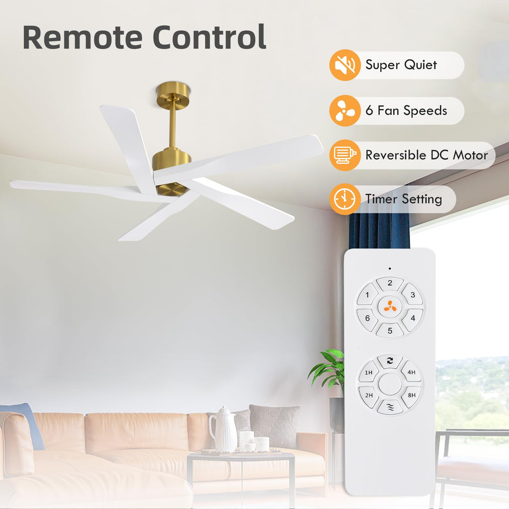 WINGBO 54" ABS DC Ceiling Fan No Light, 5 Blade Wood Grain ABS Ceiling Fan with Remote, 6-Speed Reversible DC Motor, Ceiling Fans without Light for Kitchen Bedroom Living Room, Antique Nickel and Grey