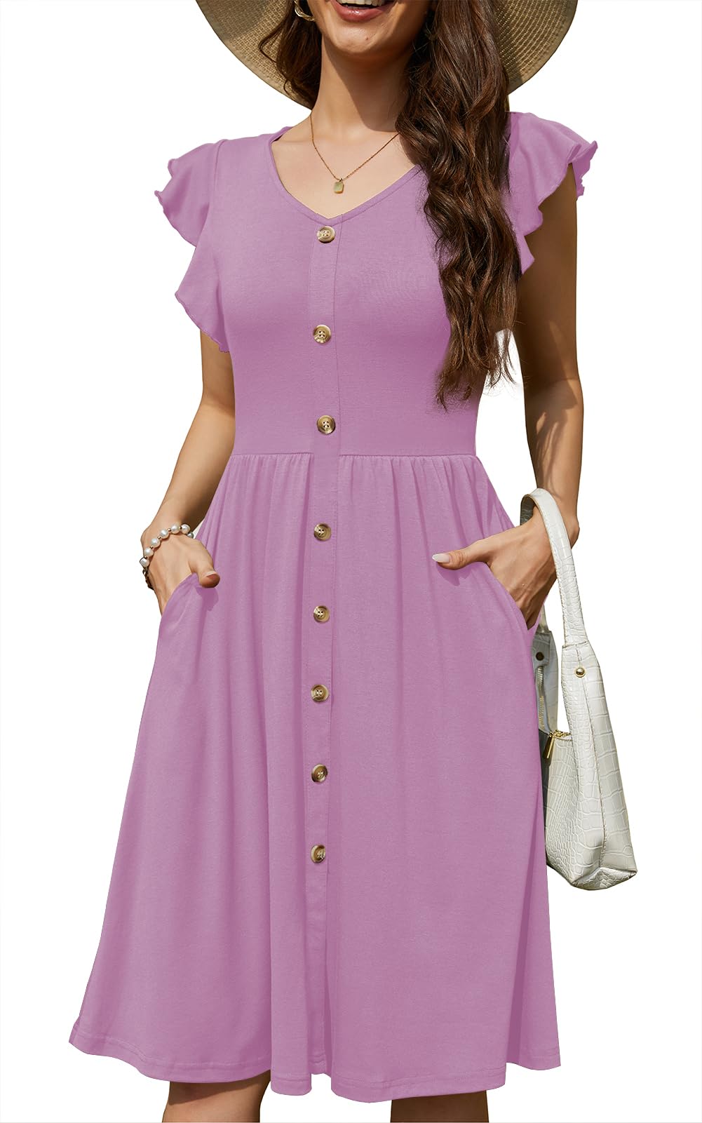 Lamilus Women's Casual Summer Dresses 2026 Ruffle Sleeves V-Neck Button Down Midi Swing Party Dress with Pockets
