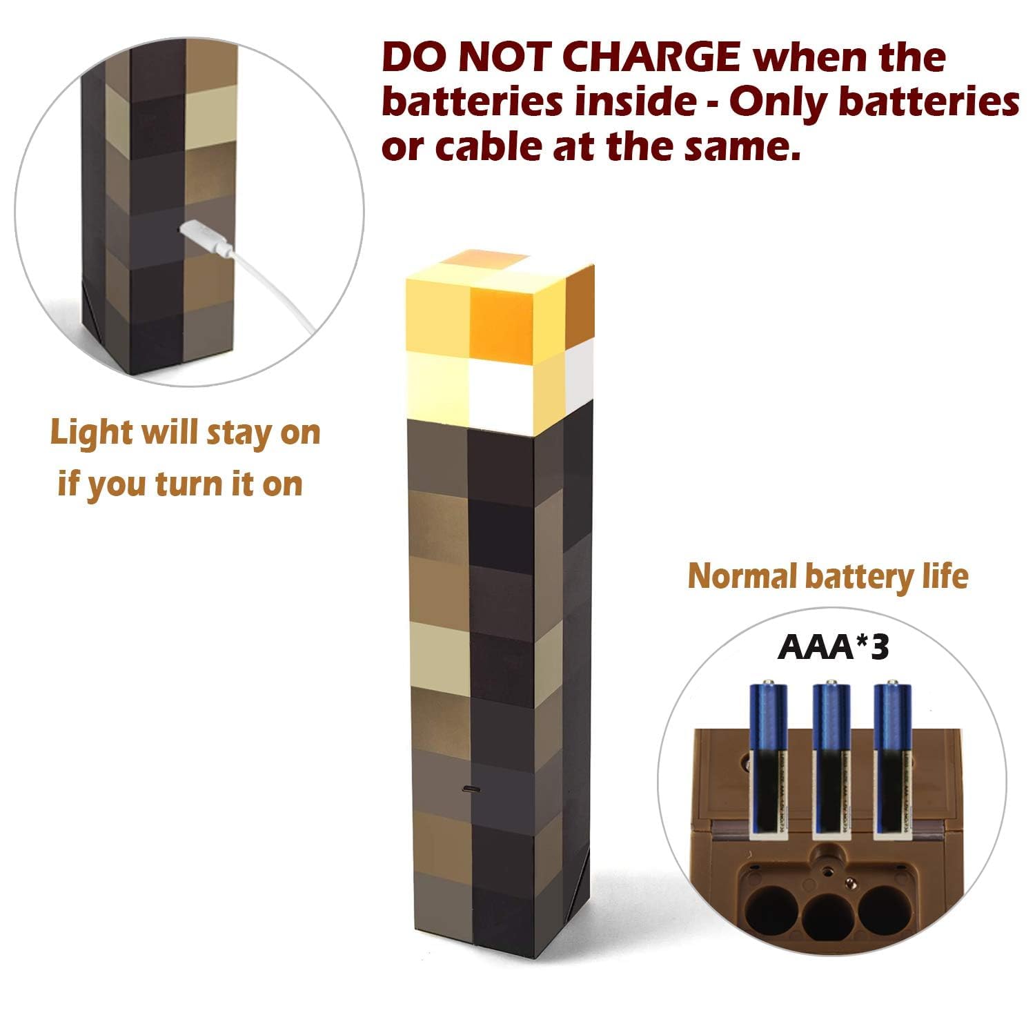 Light-up Wall Torch - Batteries & USB Pluggable Night Lamp - Hand Held or Wall Mount Lighting Torch （Three-Level Brightness）