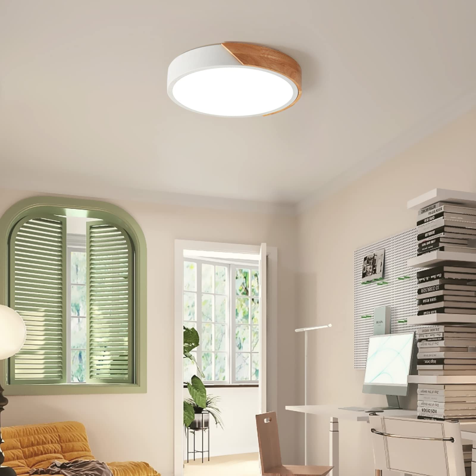Modern LED Ceiling Light, Minimalist Wood Dimmable Flush Mount Ceiling Light Fixture, Round 5CCT Lighting Lamp with Acrylic Lampshade for Bedroom Hallway Kitchen Laundry, Black 11.8"