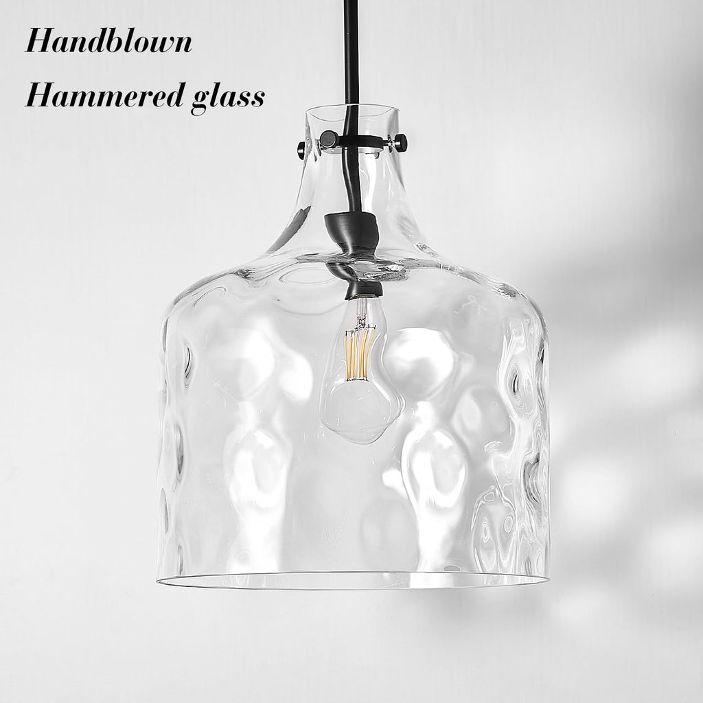 Glass Large Pendant Lights for Kitchen Island Blown Glass Pendant Light Clear Hammered Shade Hanging Ceiling Lights with Black Finish for for Kitchen Island, Sink, Hallway, Living Room 11 inch
