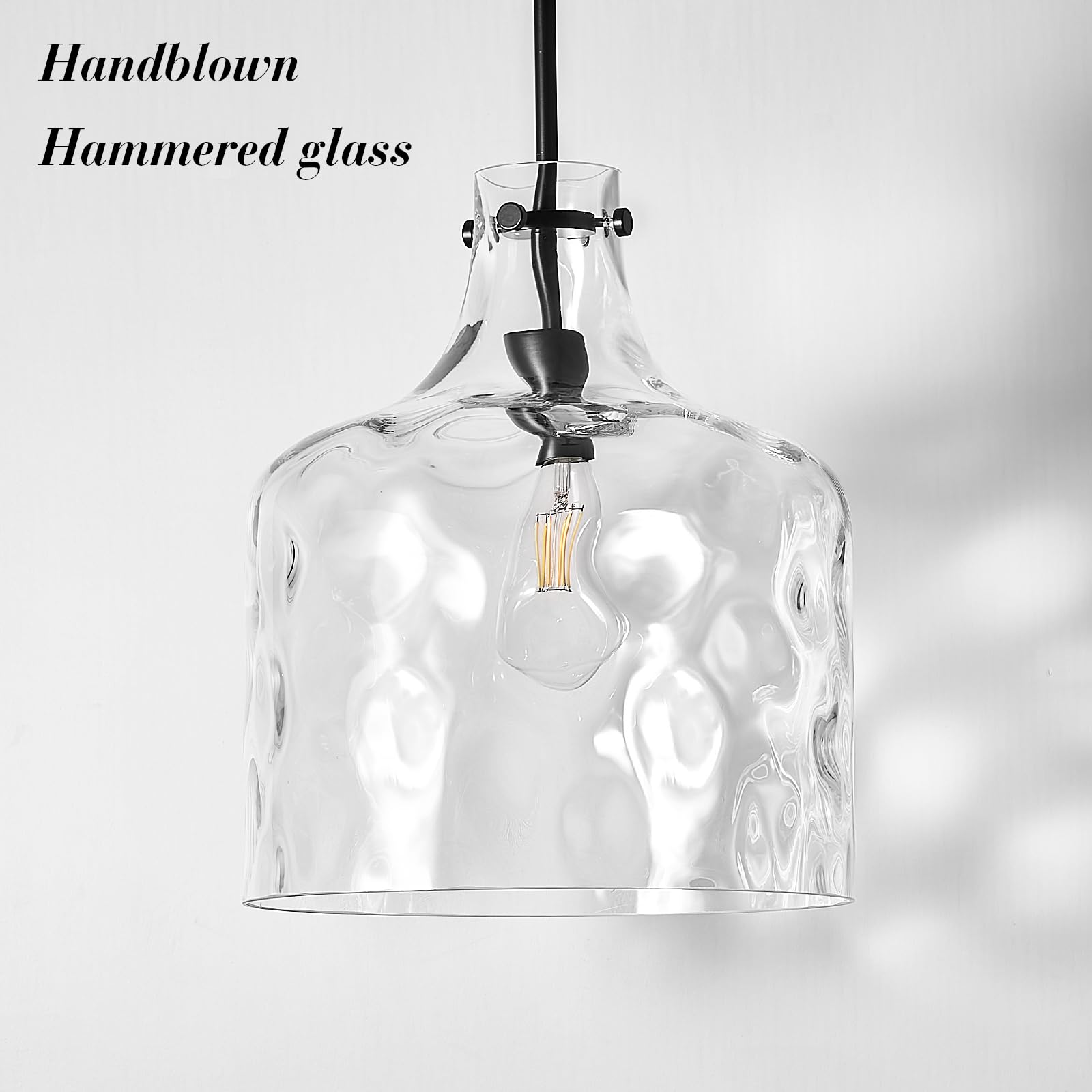 Glass Large Pendant Lights for Kitchen Island Blown Glass Pendant Light Clear Hammered Shade Hanging Ceiling Lights with Black Finish for for Kitchen Island, Sink, Hallway, Living Room 11 inch