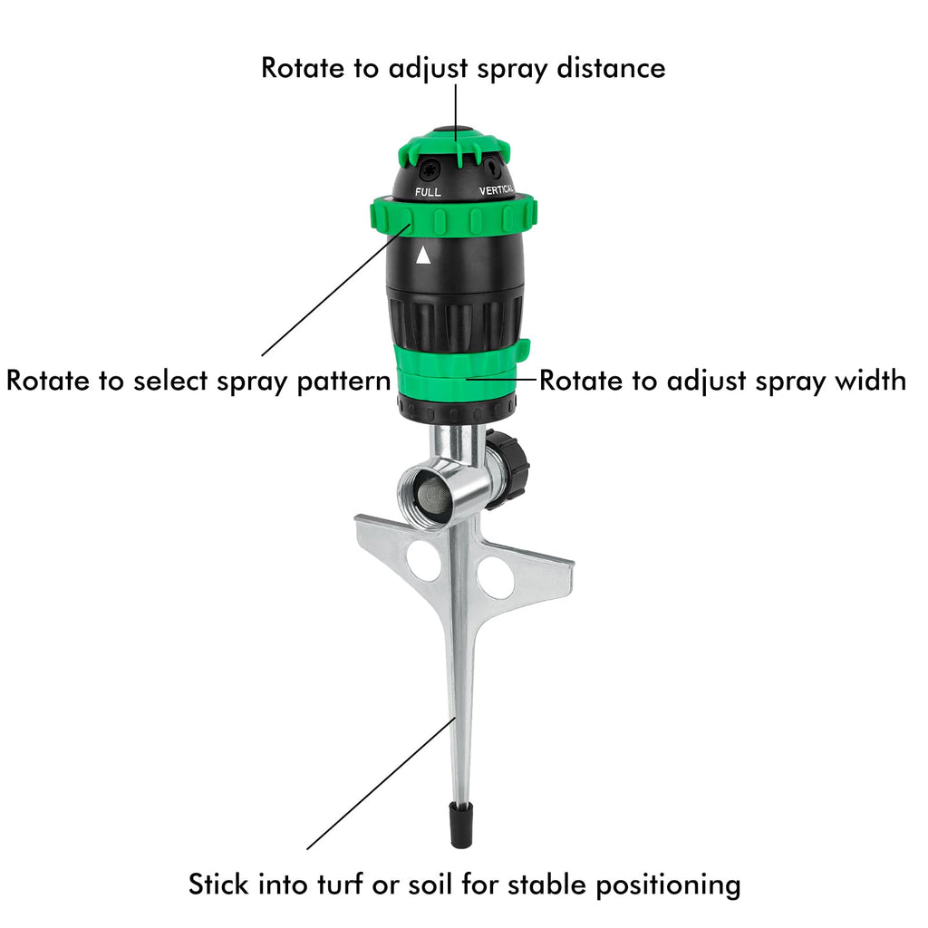 RESTMO Gear Drive Sprinkler with Metal Spike Base, 5-Pattern Heavy Duty Gardening Watering System, Multi-Adjustable Lawn Sprinkle for Garden Plant, Flower Bed and Large Yard Area Watering, Gray