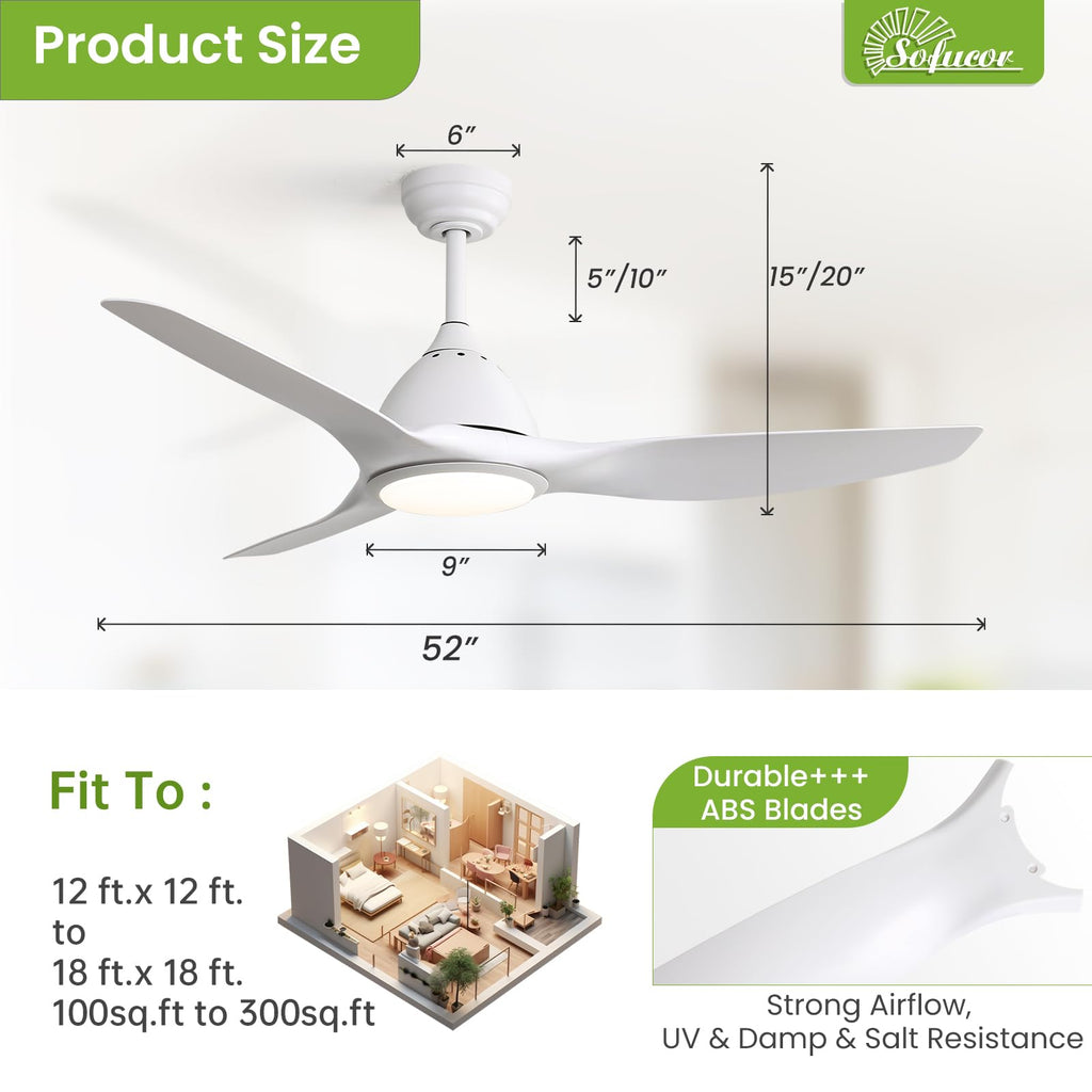 Sofucor 52 Inch Outdoor Ceiling Fans with Lights, Modern Ceiling Fan with 3 Plastic Blade, Quiet, Dimmable, High 7000CFM 6-Speed 3-Timer Reversible DC Motor, for Bedroom Living Room, ETL, Black