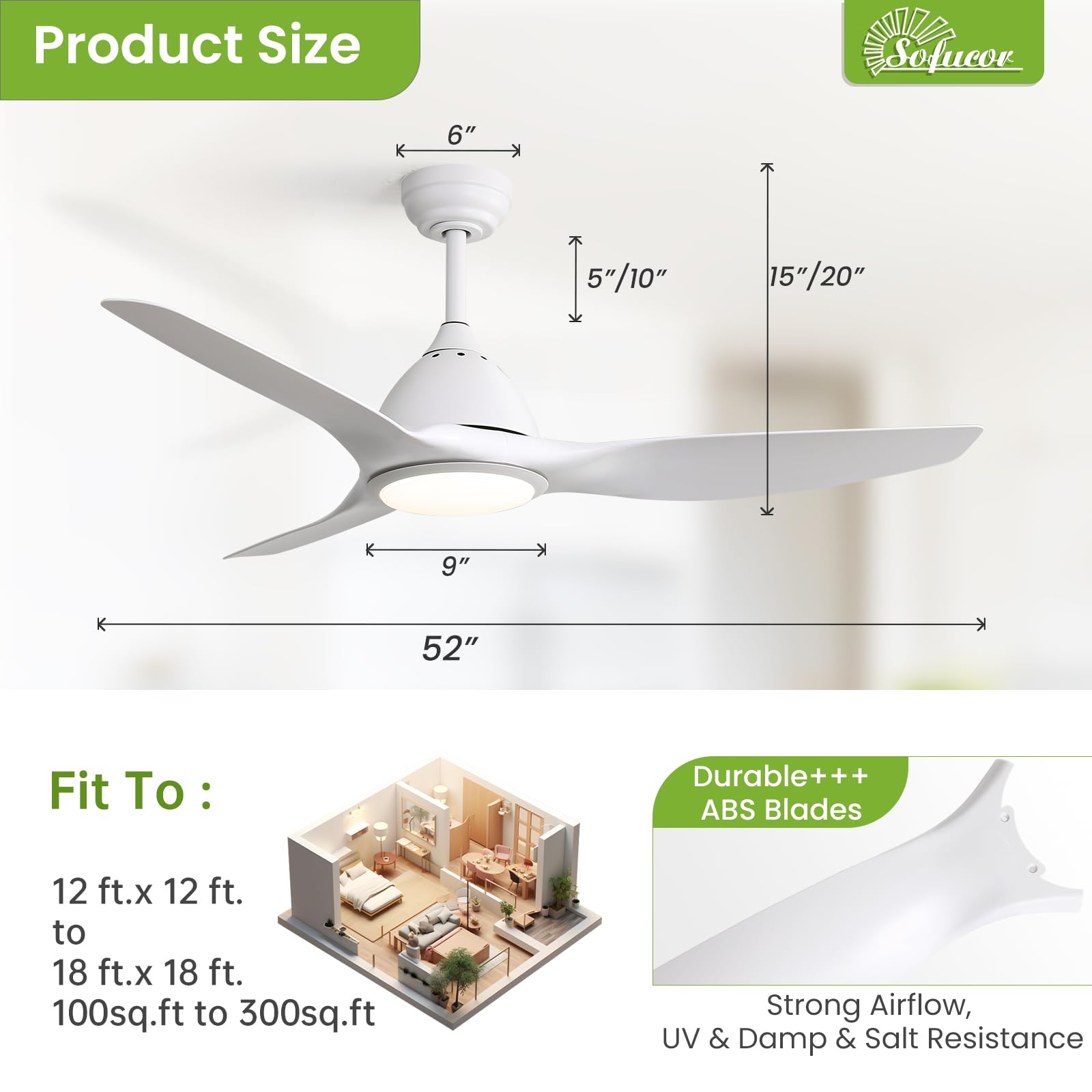 Sofucor 52 Inch Outdoor Ceiling Fans with Lights, Modern Ceiling Fan with 3 Plastic Blade, Quiet, Dimmable, High 7000CFM 6-Speed 3-Timer Reversible DC Motor, for Bedroom Living Room, ETL, Black