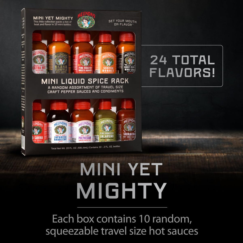 Melinda’s Mini Hot Sauce Variety Pack - 10 Pack (2 Oz Each) - Gourmet Gift Set with Travel Friendly Mini Hot Sauce Bottles in 10+ Possible Flavors