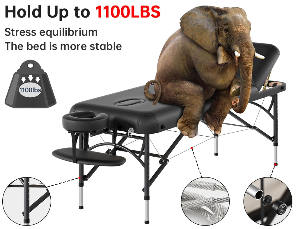 CLORIS 84" Professional Massage Table Portable Reinforced Wooden Leg 2 Folding Lightweight Spa Salon Tattoo Massage Bed Height Adjustable Hold Up to 1100LBS with Carrying Bag Black