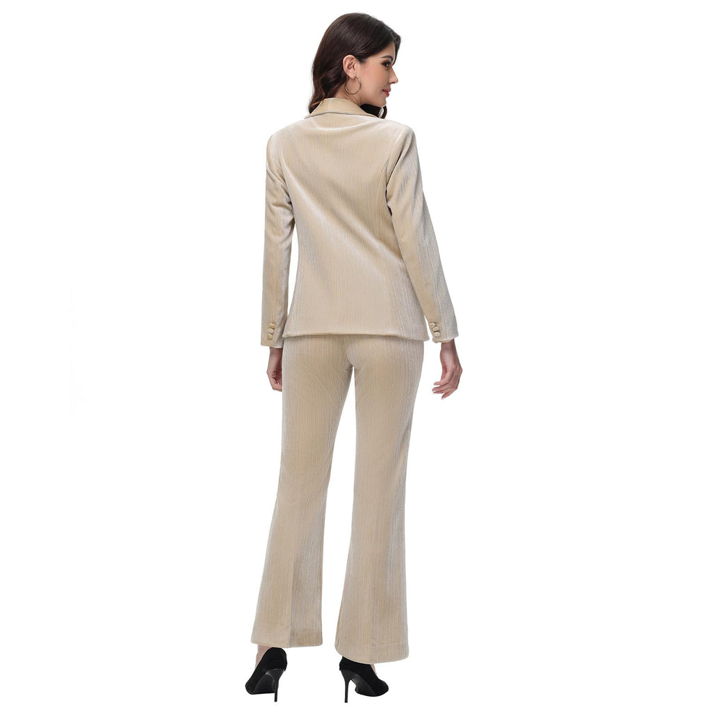 Lamgool Women Pantsuit Dressy Silver Thread Velvet 2 Piece Suit Set Blazer and Flared Pants