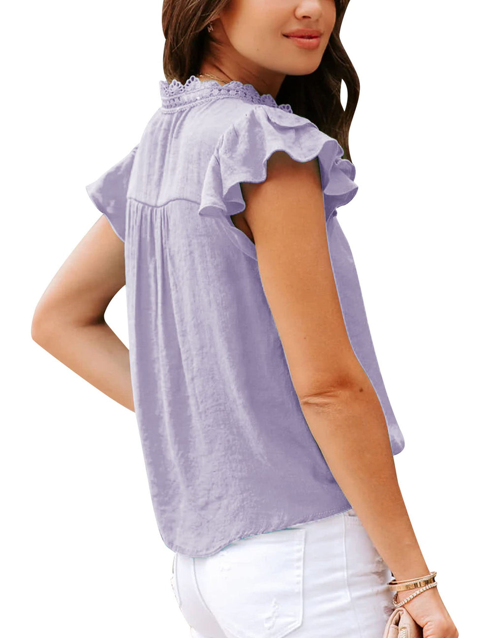 Women's V Neck Lace Crochet Shirts Button Down Short Sleeve Casual Blouse Tops