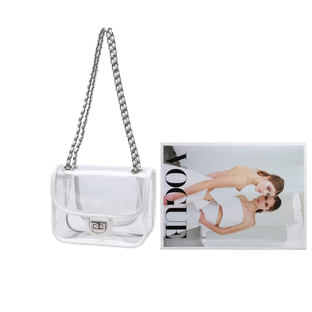 Womens PVC Clear Purse Handbag with Chain Stadium Approved Clear Bag See Through Bag for Working and Concert