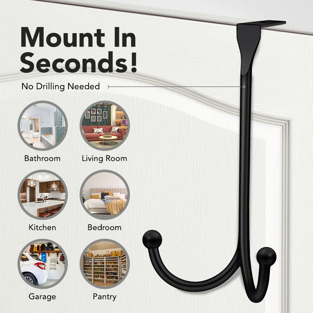 2-Pack Over The Door Hooks - with 2 Hang Heads & Snug Fit Pads Heavy Duty Hook for Hanging Coats, Towels, Caps & Robes - Elegant Matt Finish - No Drill Hanger Organizer - Black