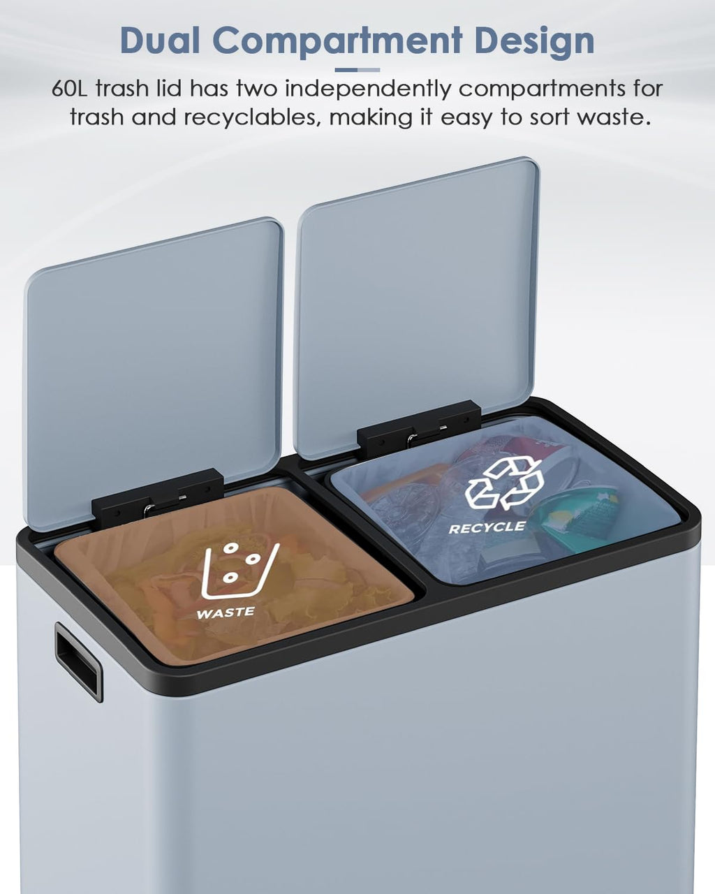 60L(16 Gal) Dual Trash Can, Stainless Steel Kitchen Garbage Can, Double Compartment Classified Rubbish Bin, Recycle Dustbin w/Plastic Inner Buckets, Soft-Close Lid, Airtight, Black
