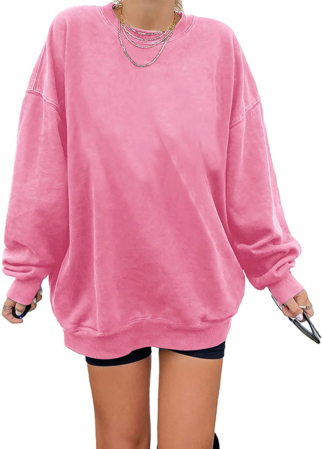 Ebifin Women's Oversized Long Sleeve Sweatshirts Pure Color Round Neck Casual Pullover Shirt