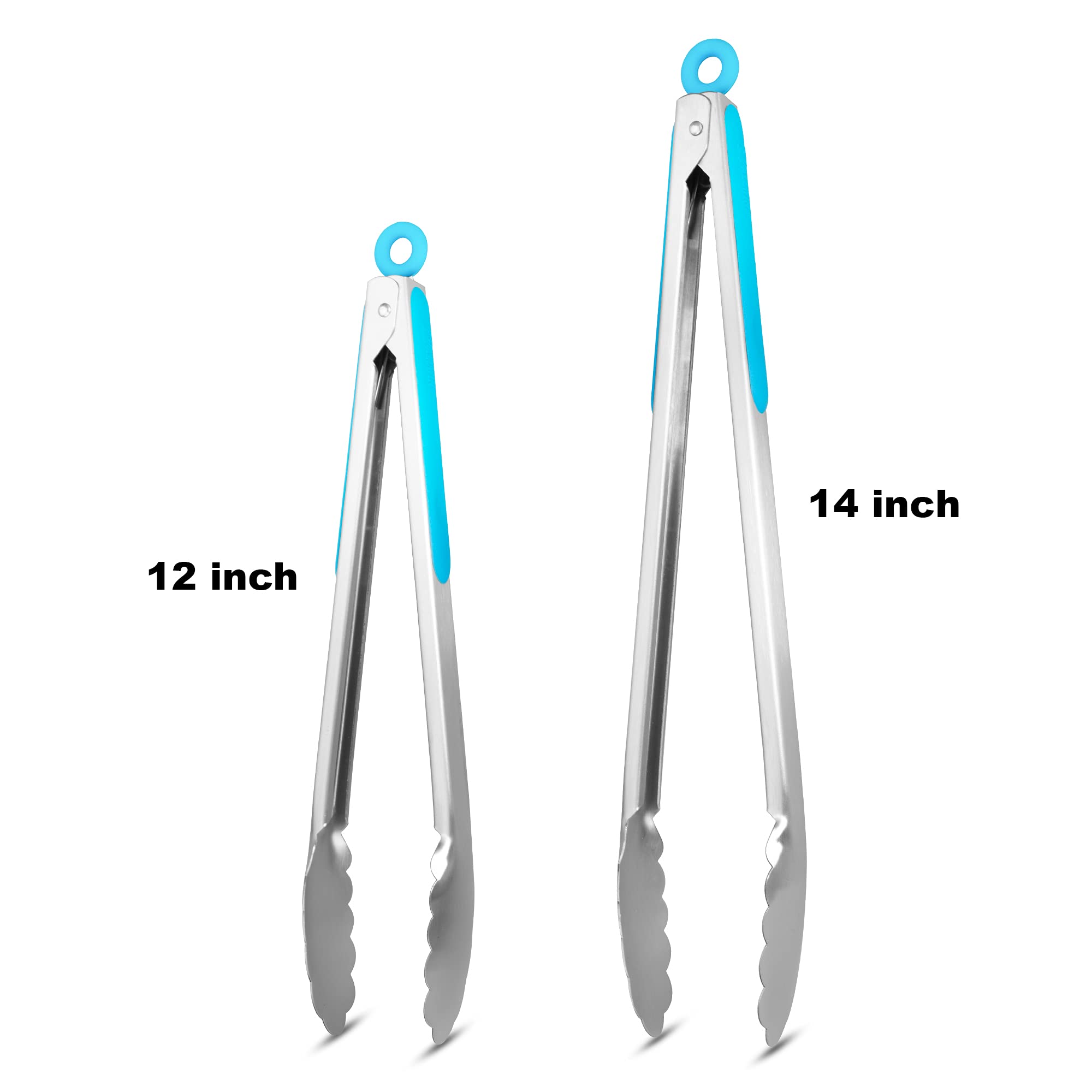 304 Stainless Steel Kitchen Cooking Tongs, 9" and 12" Set of 2 Sturdy Grilling Barbeque Brushed Locking Food Tongs with Ergonomic Grip, Black