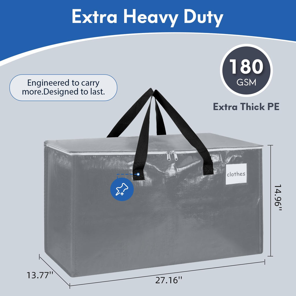 2-Pack Extra-Large Heavy-Duty Storage Totes with Reinforced Handles, Durable Zippers & Waterproof Material — Perfect for Space-Saving, Moving, Shipping and Travel (Black)