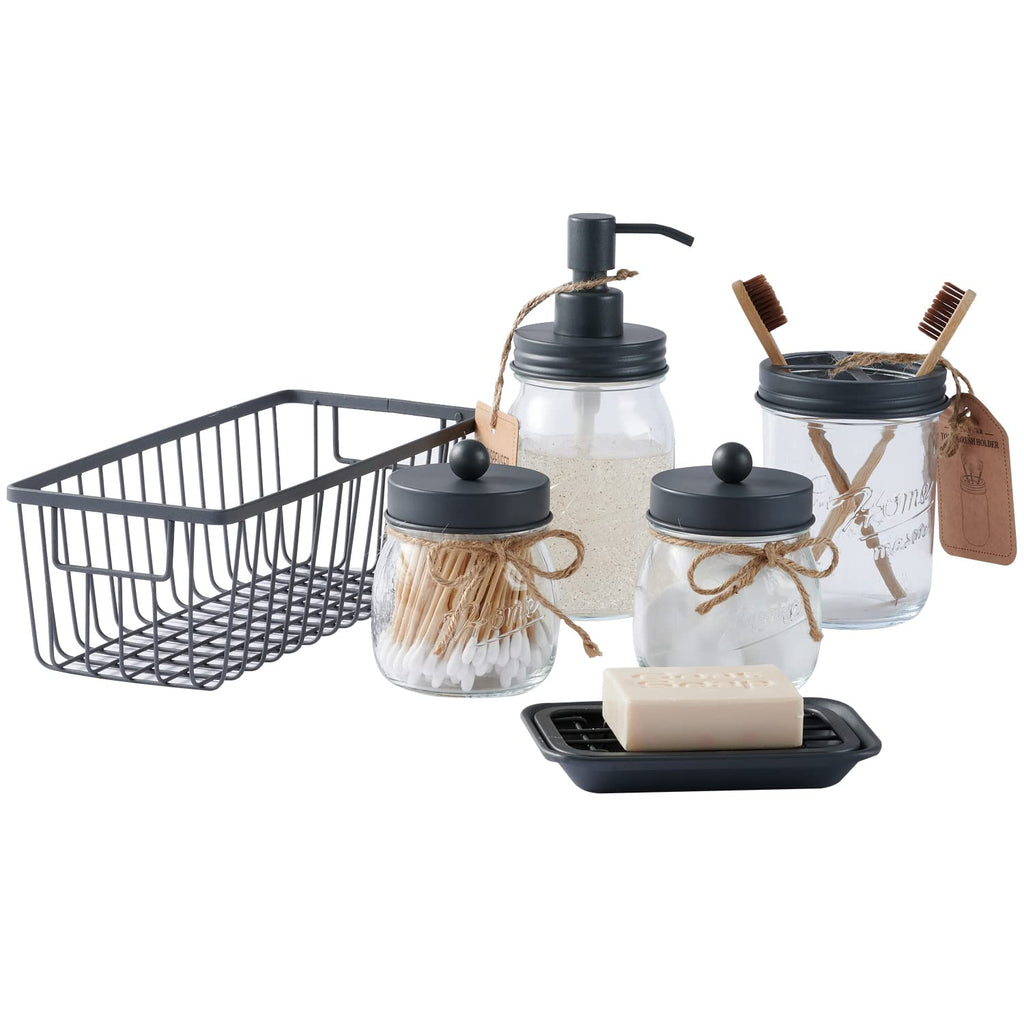 SheeChung 6Pcs Mason Jars Bathroom Accessories Set Complete - Toothbrush Holder, Lotion Soap Dispenser, 2 Mason Jars, Soap Dish, Toilet Paper Basket, Rustic Farmhouse Decor (Black, 6Pcs Bathroom Set)