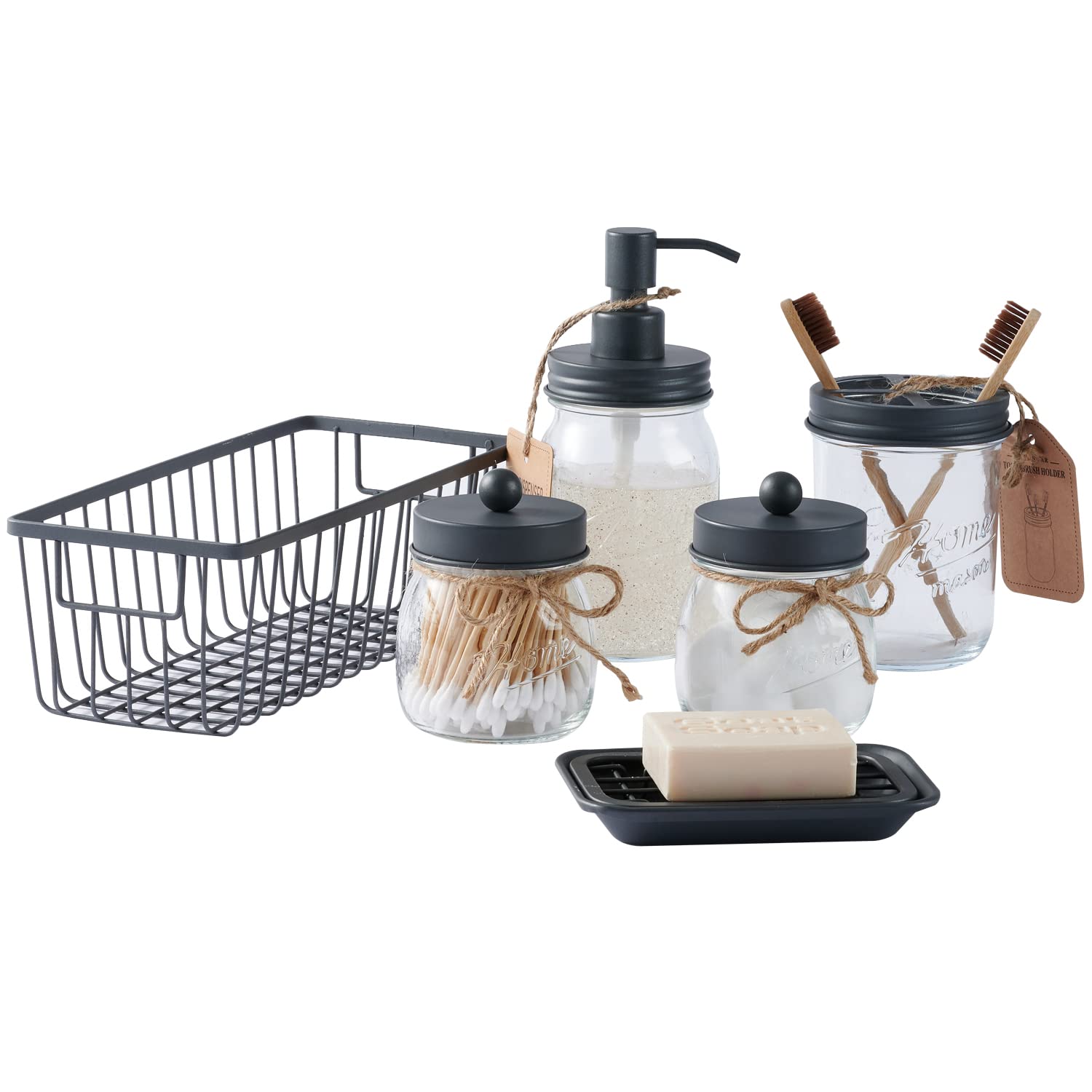 SheeChung 6Pcs Mason Jars Bathroom Accessories Set Complete - Toothbrush Holder, Lotion Soap Dispenser, 2 Mason Jars, Soap Dish, Toilet Paper Basket, Rustic Farmhouse Decor (Black, 6Pcs Bathroom Set)