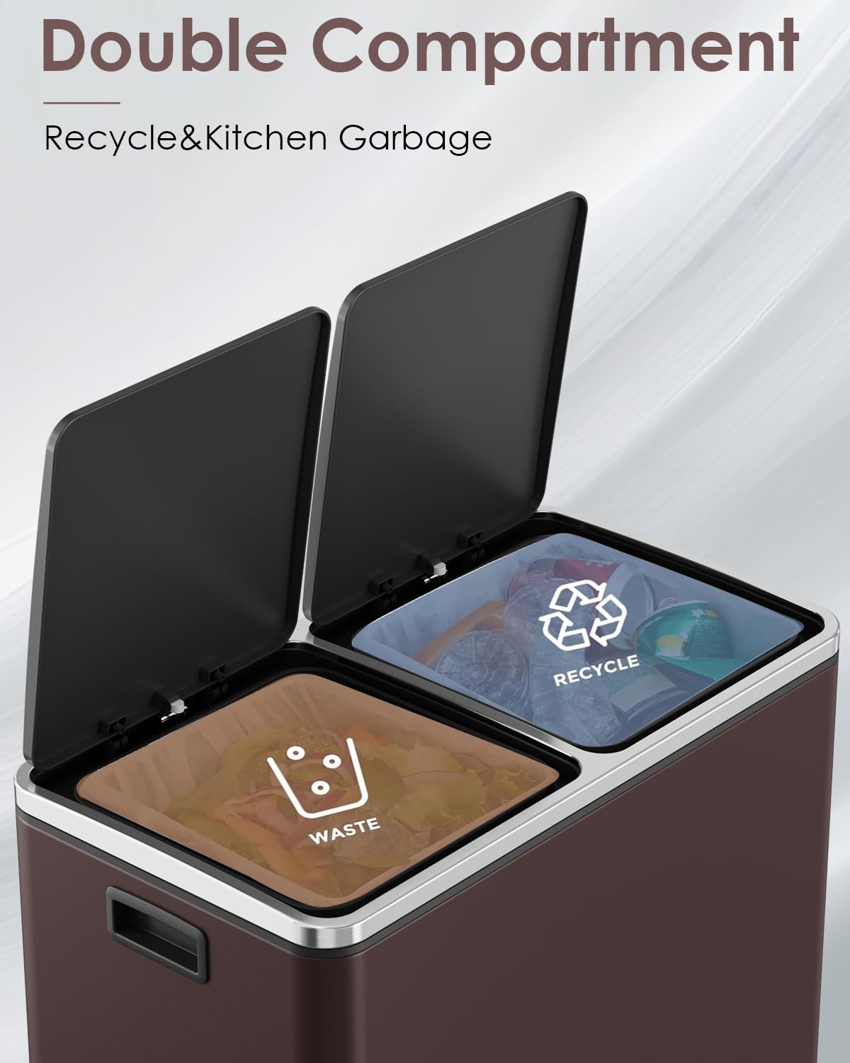Arlopu Dual Trash Can, 2 x 8 Gallon (2 x 30 L) Hands-Free Trash and Recycle Bin Combo, Stainless Steel Kitchen Garbage Can with Soft-Close Lid, Removable Inner Buckets, Step Pedal, Airtight (Black)