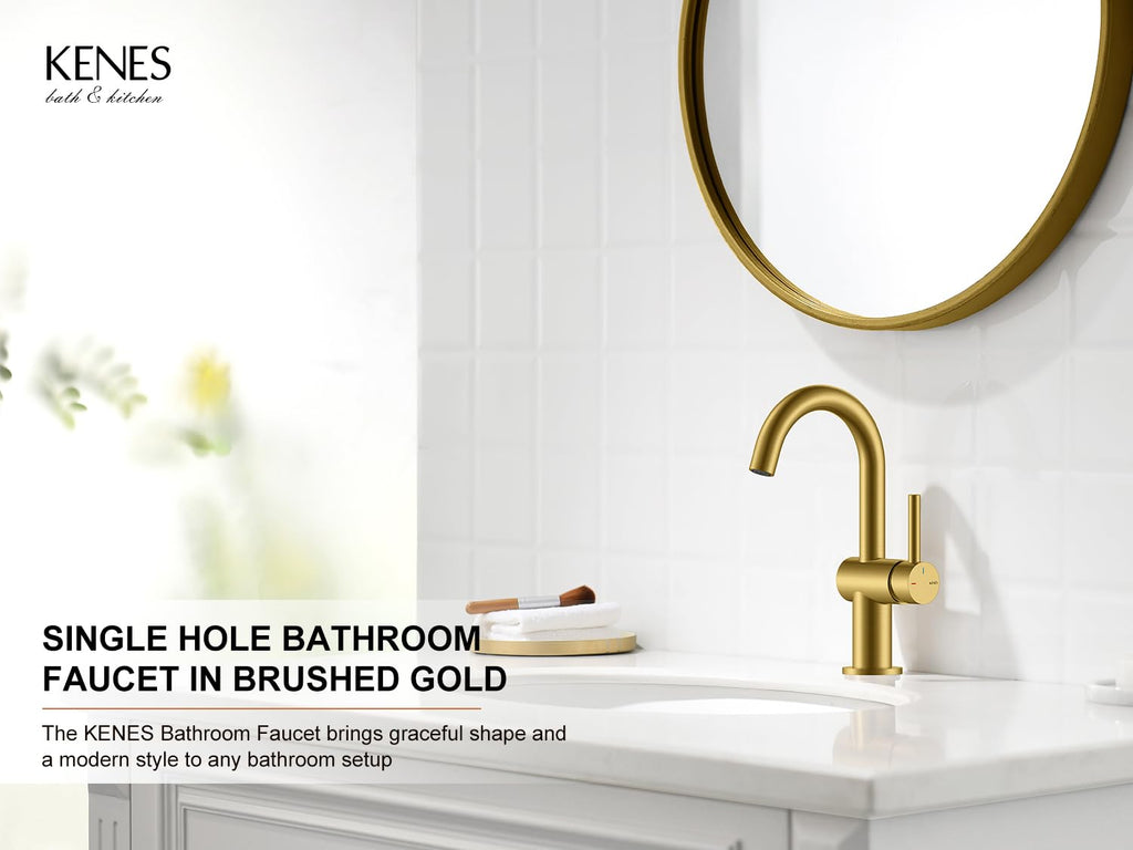 KENES Black and Gold Single Handle Bathroom Sink Faucet, Modern Prep Wet Bar Sink Faucet with Drain Assembly & Deck Plate, Vanity Faucets for Farmhouse RV Camper Utility, KE-9005B-BG