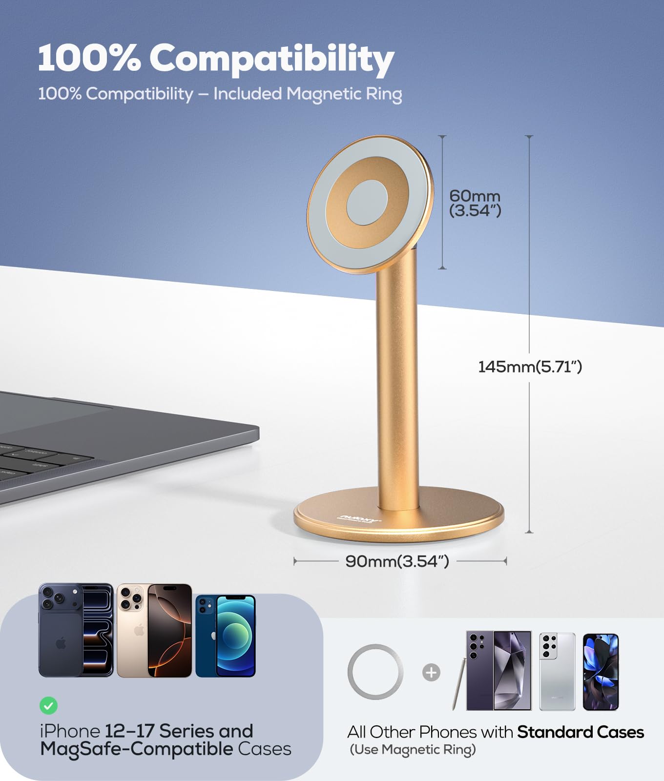 Nulaxy Magnetic Full Aluminum Cell Phone Stand for MagSafe with Metal Ring, 360 Rotating Phone Stand for Desk, Office Desk Accessories, Adjustable Phone Holder Compatible with All Phones, Gray