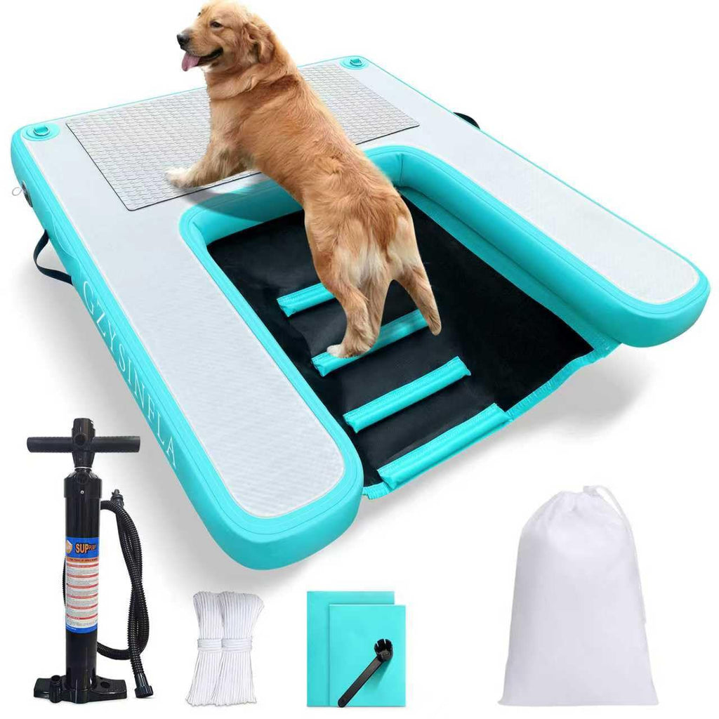 Inflatable Large Dog Water Ramp Float Floating Ramp-Swimming Pets Up to 200 Pounds Large Dogs-Inflatable Stairs for Boats, Docks, with Pump/Rope/Repair Kit - PVC Anti-Slip Fabric (Black)
