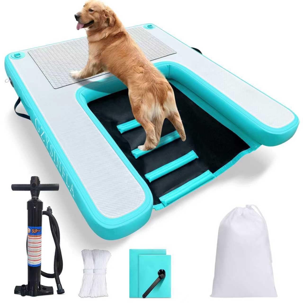 Inflatable Large Dog Water Ramp Float Floating Ramp-Swimming Pets Up to 200 Pounds Large Dogs-Inflatable Stairs for Boats, Docks, with Pump/Rope/Repair Kit - PVC Anti-Slip Fabric (Black)