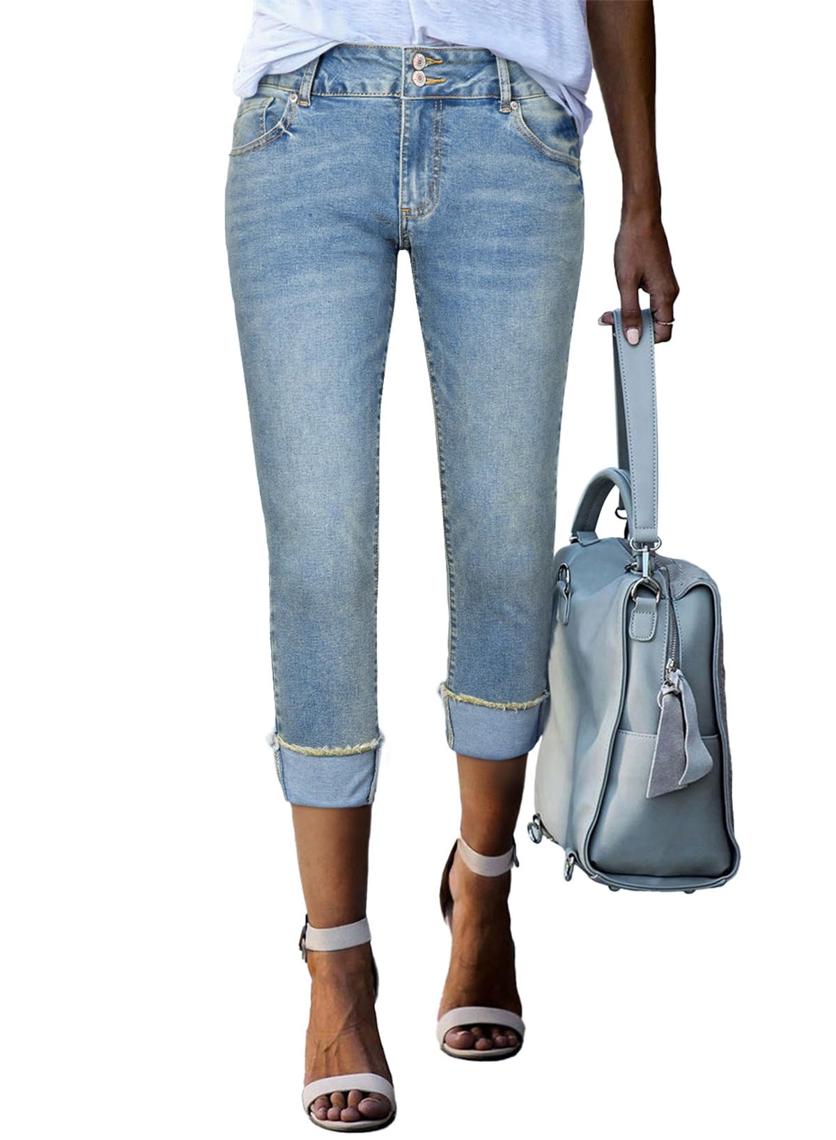 Sidefeel Women's Capri Jeans High Waisted Stretchy Roll-up Skinny Cuffed Cropped Zimbaplatinum Summer Capri Pants