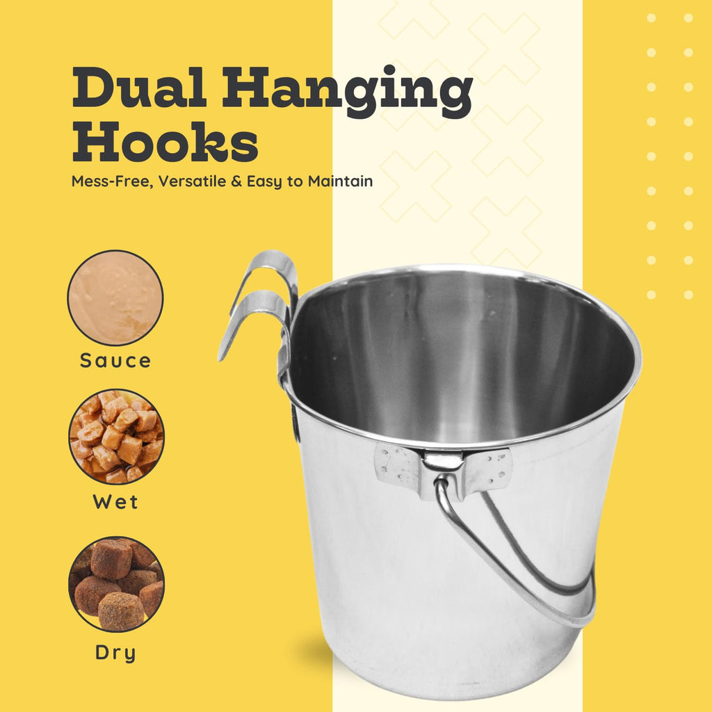 1 quart Stainless Steel Flat Sided Bucket with Dual Hooks | 0.25 gal Durable Food & Water Bowl for Dog Cat Bird & Small Animals | Fits kennel Cage Critter Crate | Hanging Utility Pet Pail