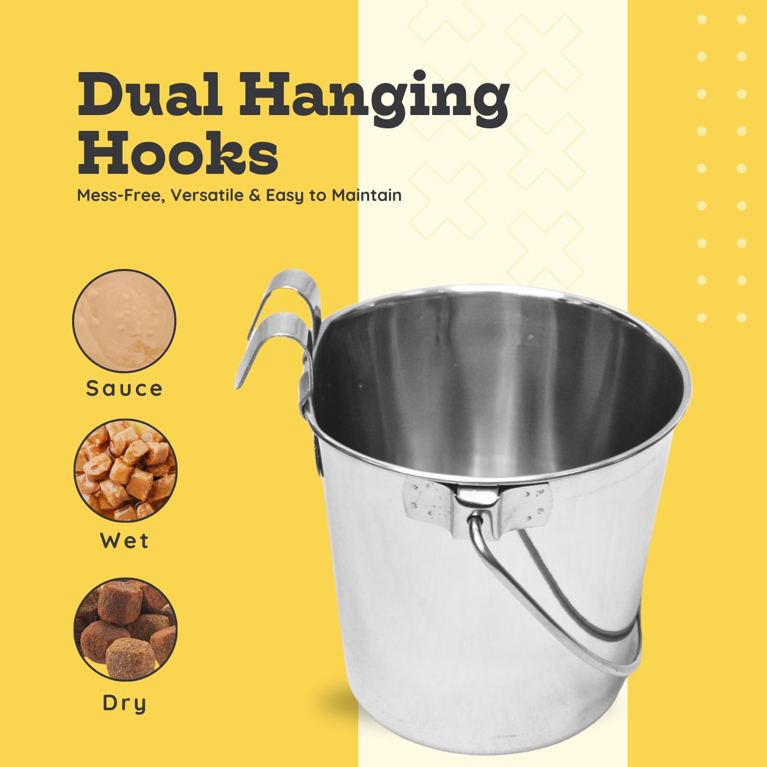 1 quart Stainless Steel Flat Sided Bucket with Dual Hooks | 0.25 gal Durable Food & Water Bowl for Dog Cat Bird & Small Animals | Fits kennel Cage Critter Crate | Hanging Utility Pet Pail