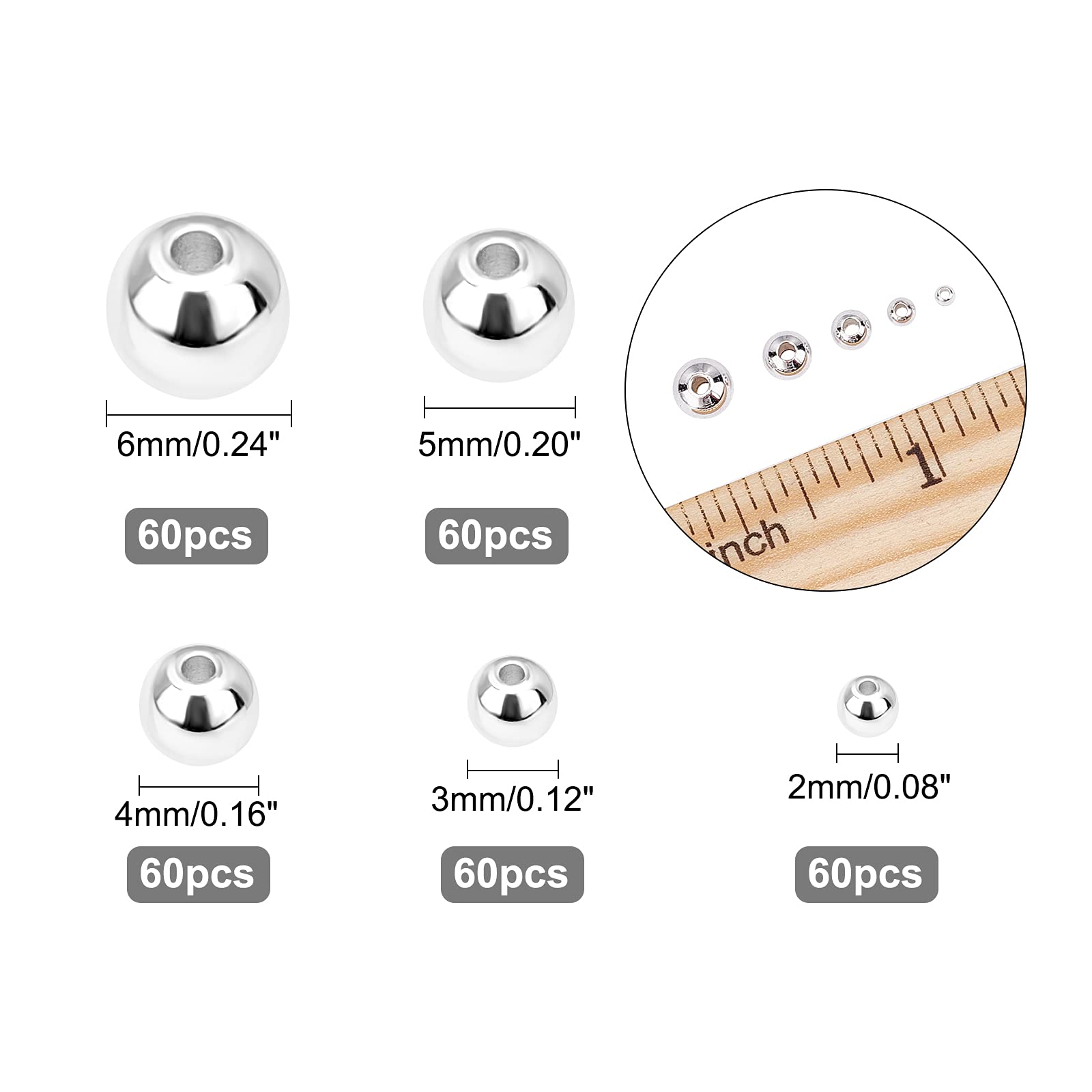 PH PandaHall 14K Gold Plated Spacer Beads, 300pcs Round Brass Beads 5 Size Metal Smooth Beads Seamless Ball Beads Long-lasting Little Beads for Summer Bracelet Necklace Jewelry DIY Crafts(2/3/4/5/6mm)