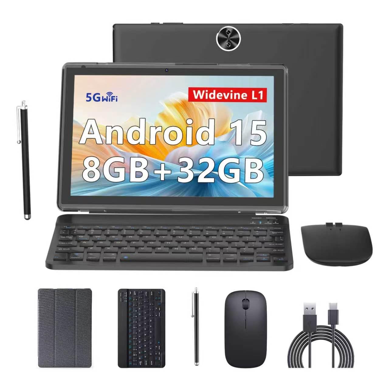 Android 15 | Tabalet with Keyboard | Tablet 10 inch | 2 in 1 Tablet | 8GB+32GB+2TB Expand | 1280 * 800 IPS Touch Screen Computer | 5G WiFi 6, L1 | Long Battery Life Tablet （Black）