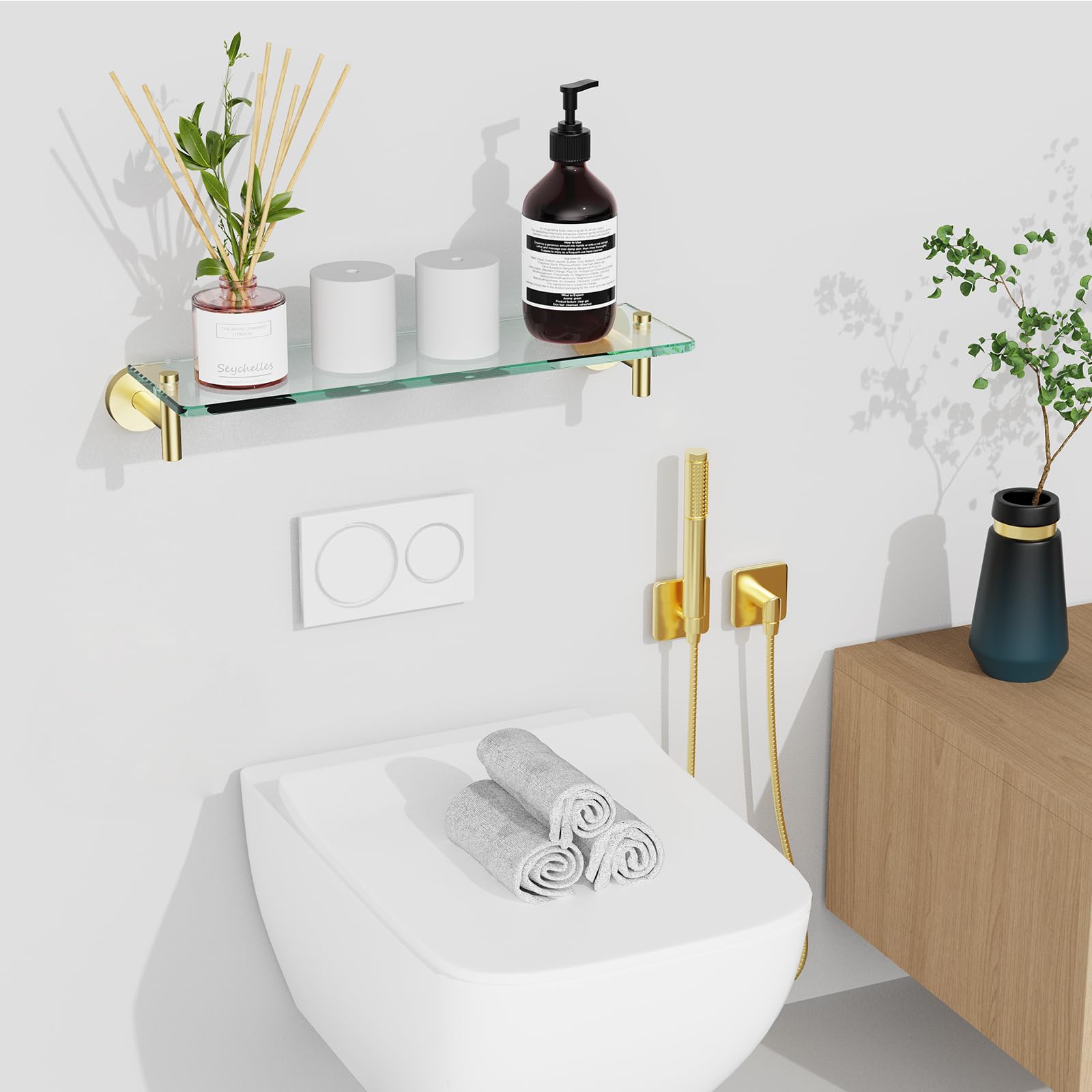 Glass Bathroom Shelves,Brushed Gold Floating Shelves for Wall Rectangular Modern Stainless Steel Glass Shelf for Bathroom Shelves wall Mounted 16 Inch