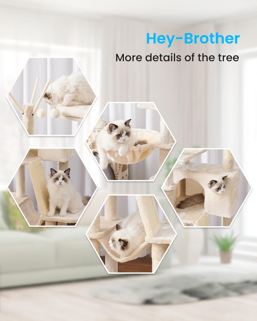 Hey-brother Cat Tree, 53 inch Cat Tower for Indoor Cats, Cat House with Padded Platform Bed, Toy Balls, Large Cozy Condo, Hammocks and Sisal Scratching Posts, Beige MPJ019-SM